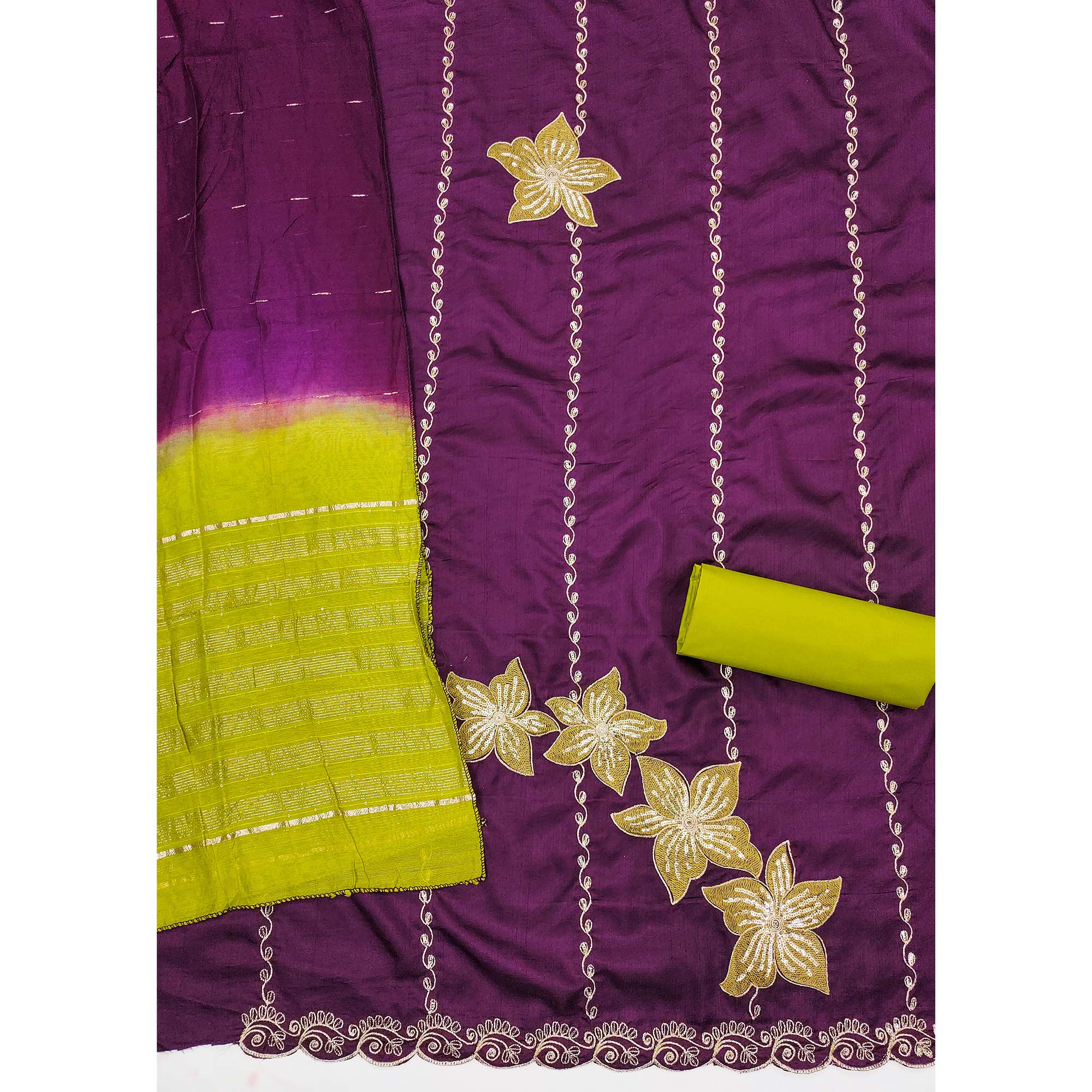 Purple Floral Sequins Embroidered Art Silk Dress Material