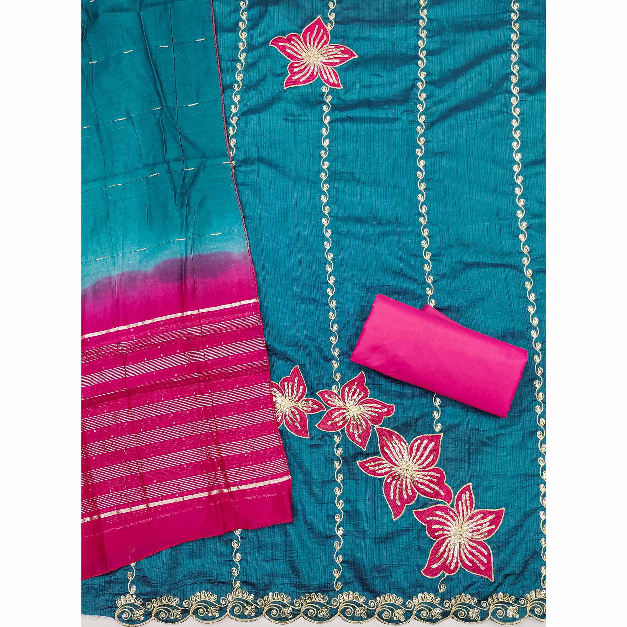 Rama Blue Floral Sequins Embroidered Art Silk Dress Material