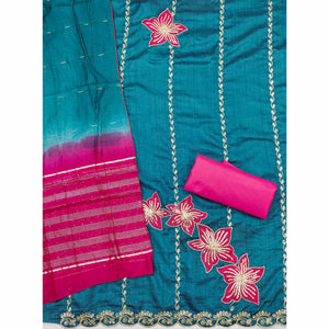Rama Blue Floral Sequins Embroidered Art Silk Dress Material