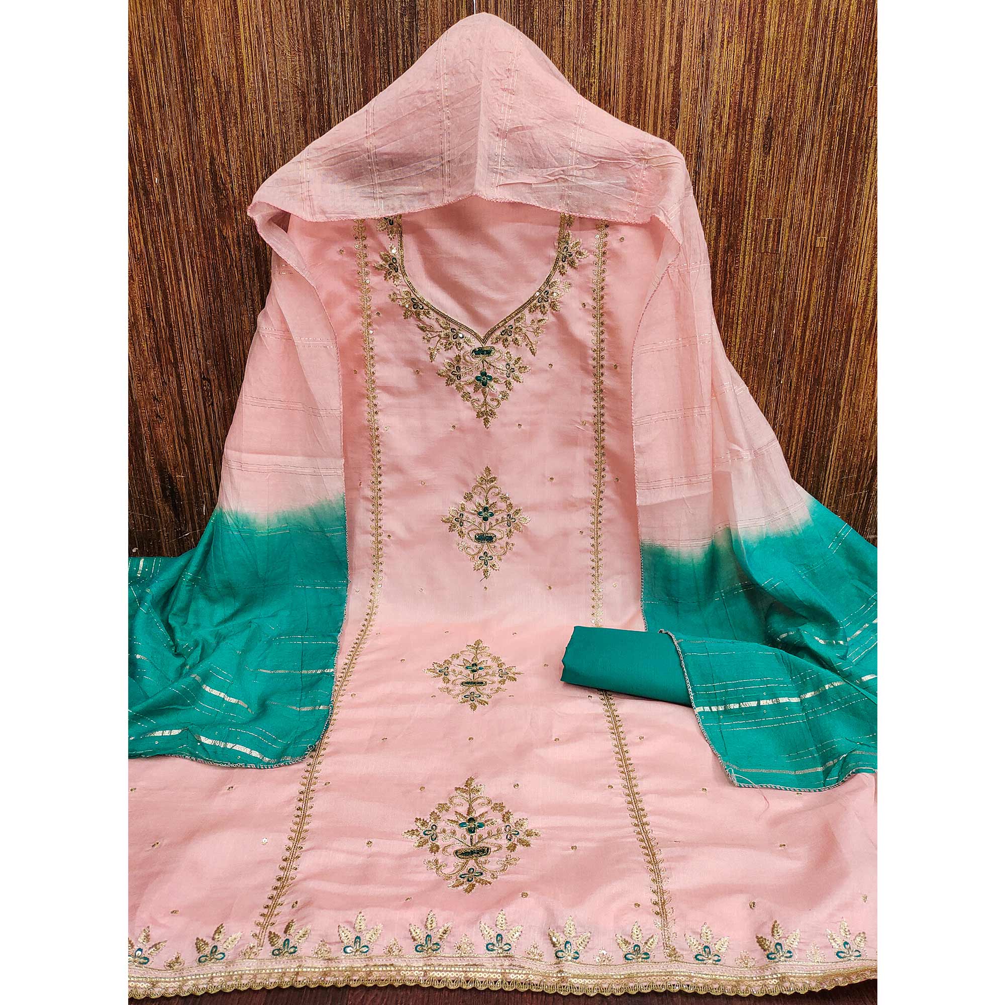 Peach Floral Sequins Embroidered Art Silk Dress Material