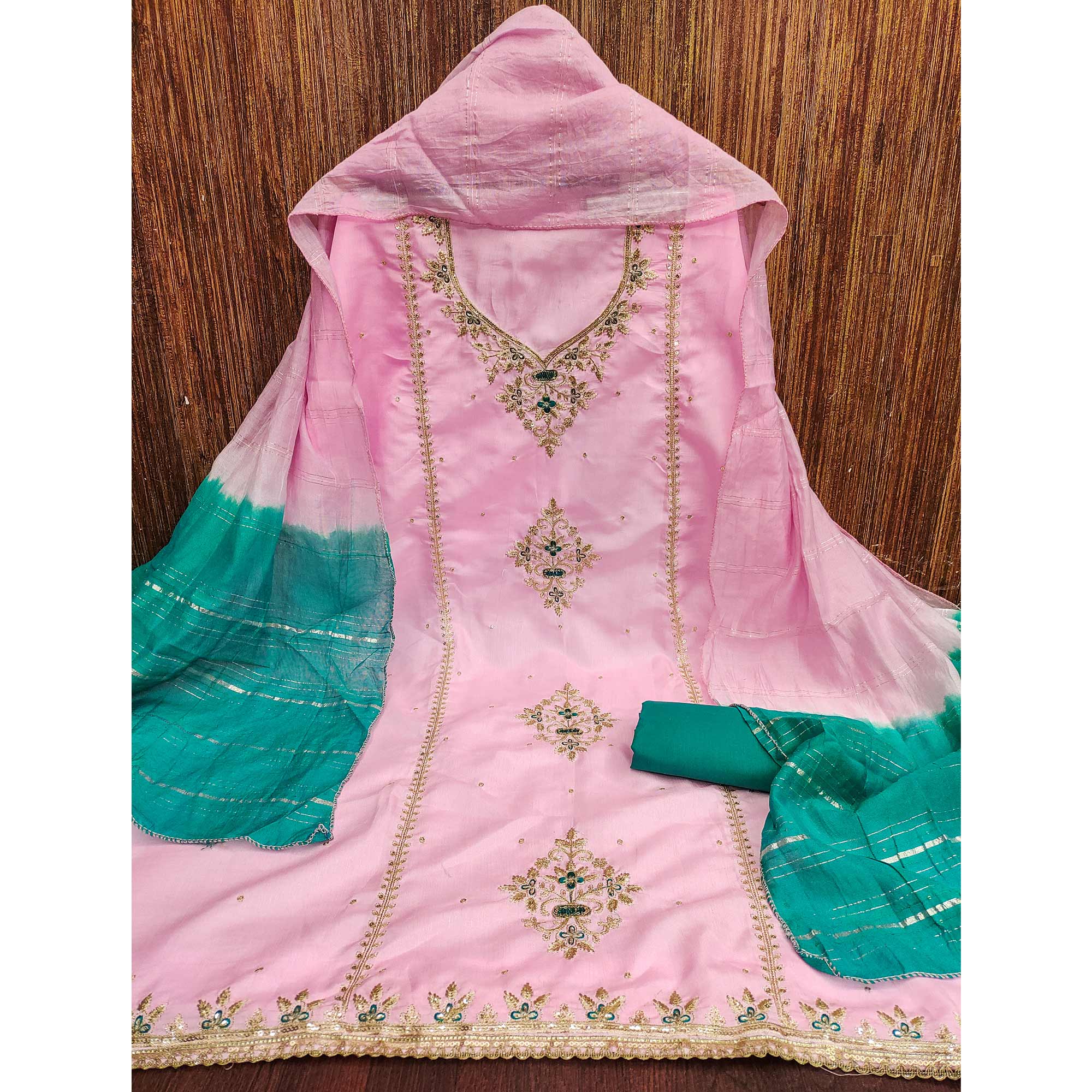 Pink Floral Sequins Embroidered Art Silk Dress Material