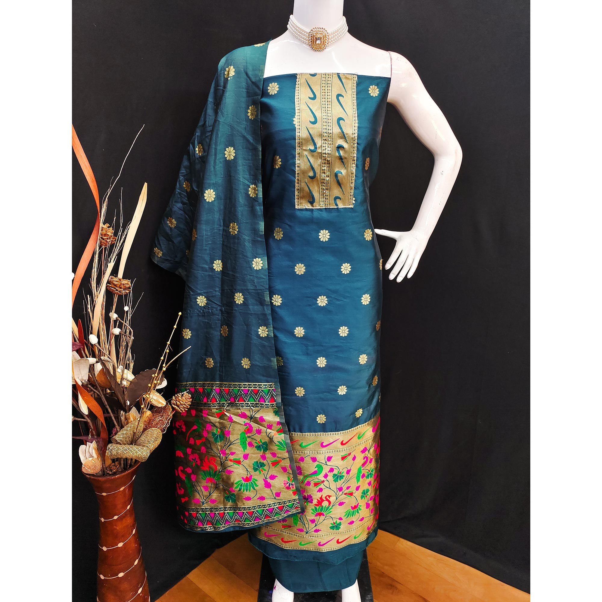 Morpich Blue Floral Woven Paithani Banarasi Silk Dress Material
