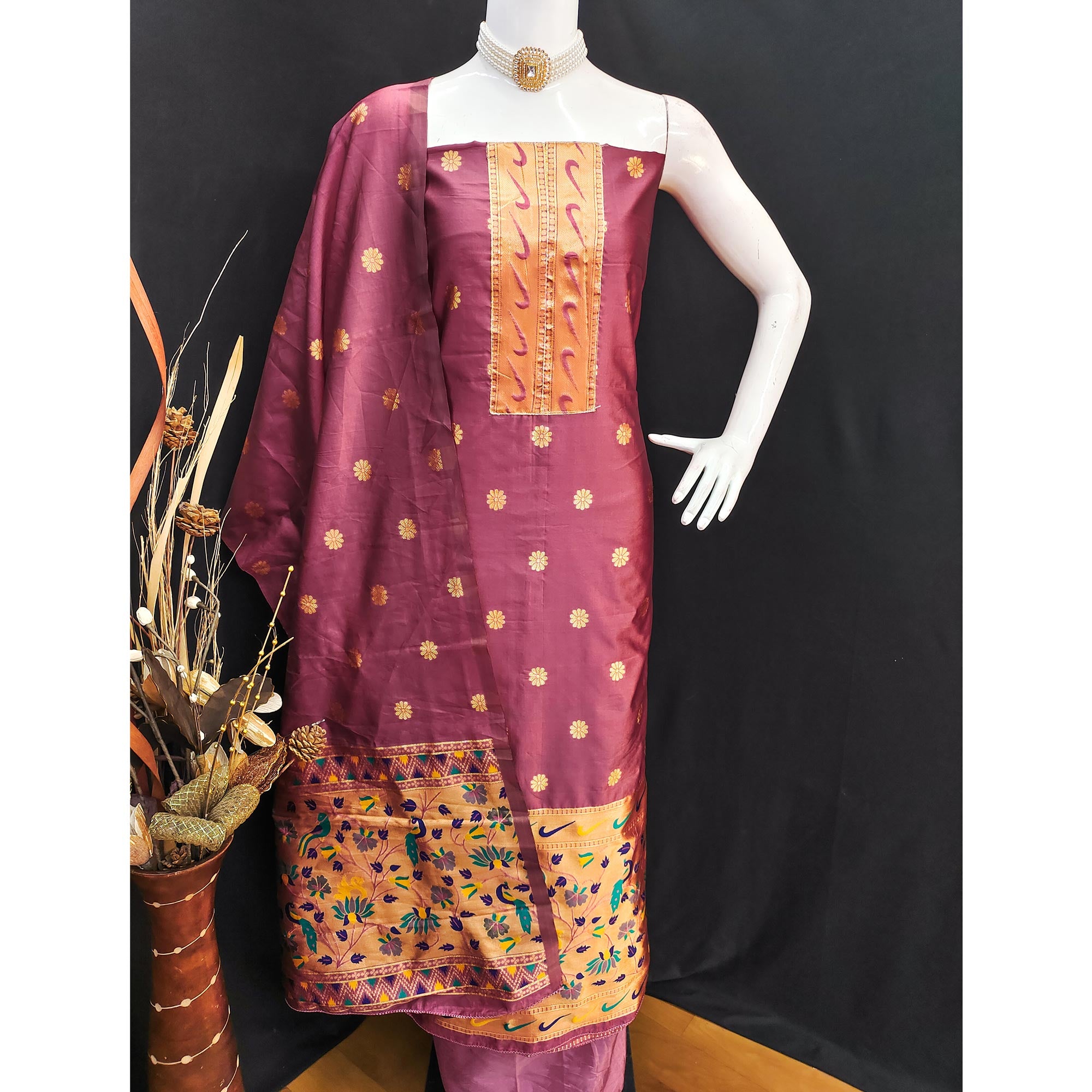 Onion Pink Floral Woven Paithani Banarasi Silk Dress Material