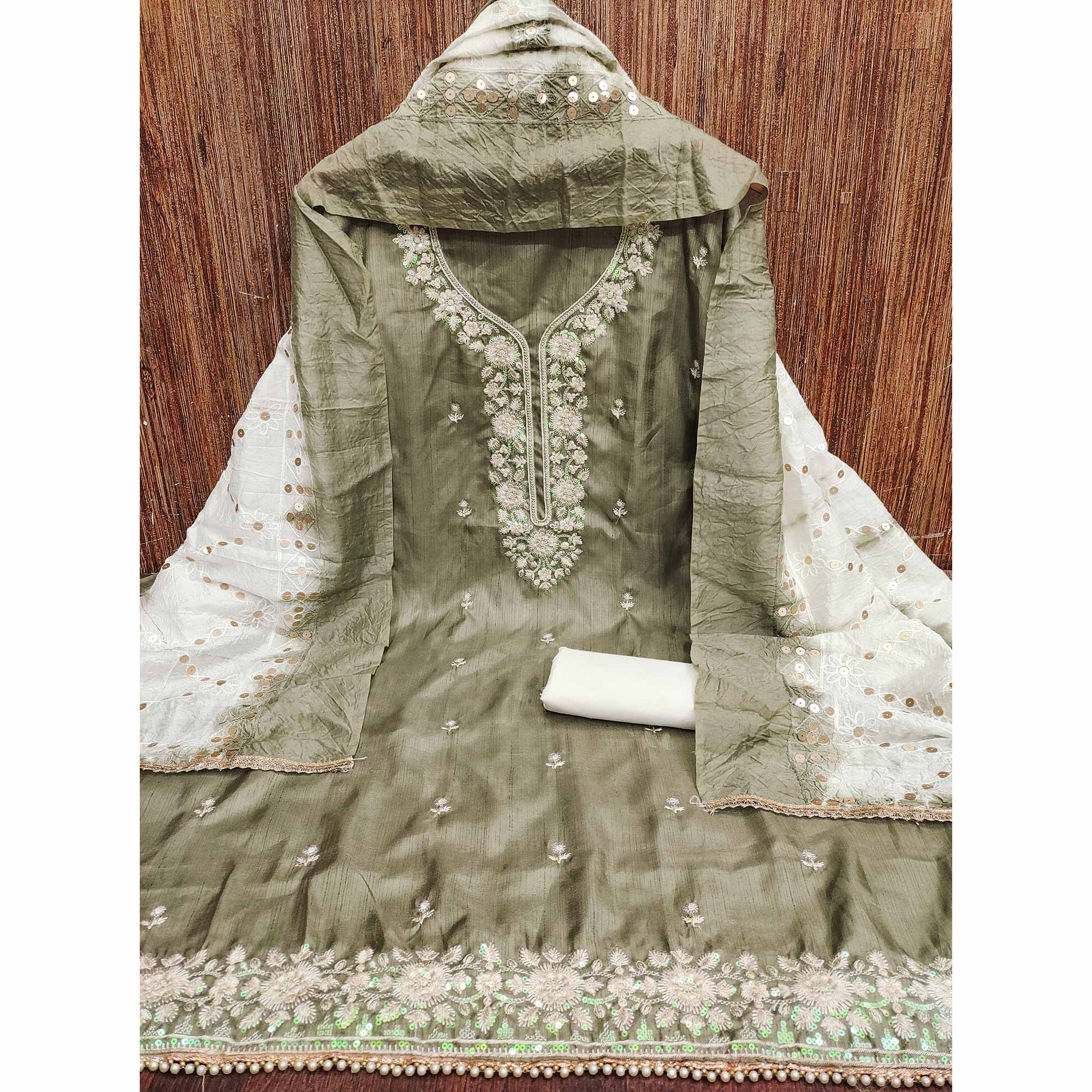 Green Floral Sequins Embroidered Art Silk Dress Material