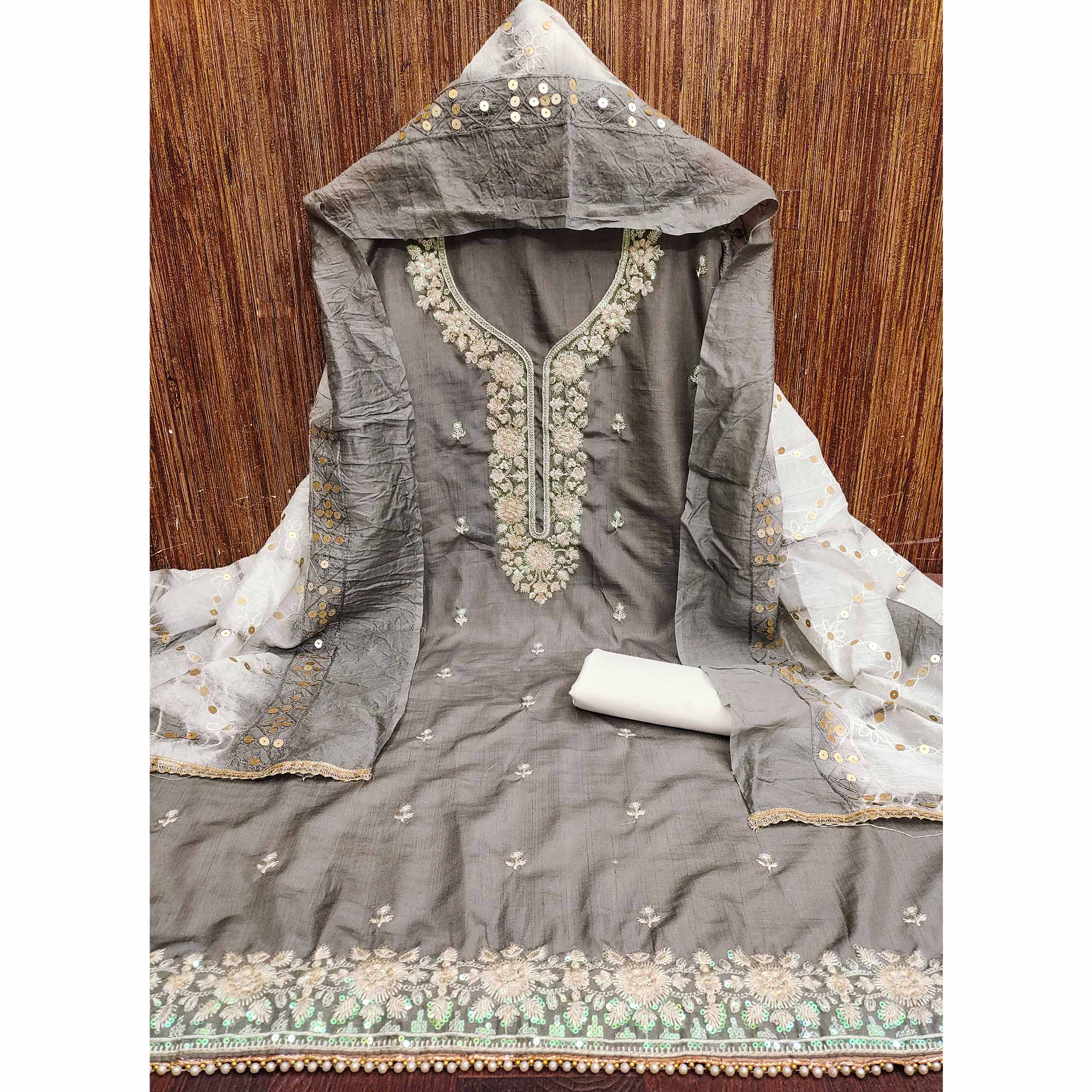 Grey Floral Sequins Embroidered Art Silk Dress Material