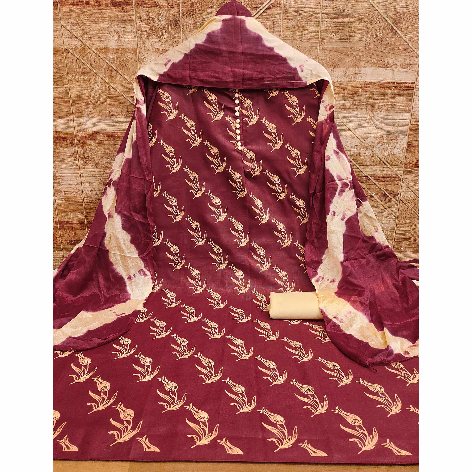 Maroon Floral Printed Slub Cotton Dress Material