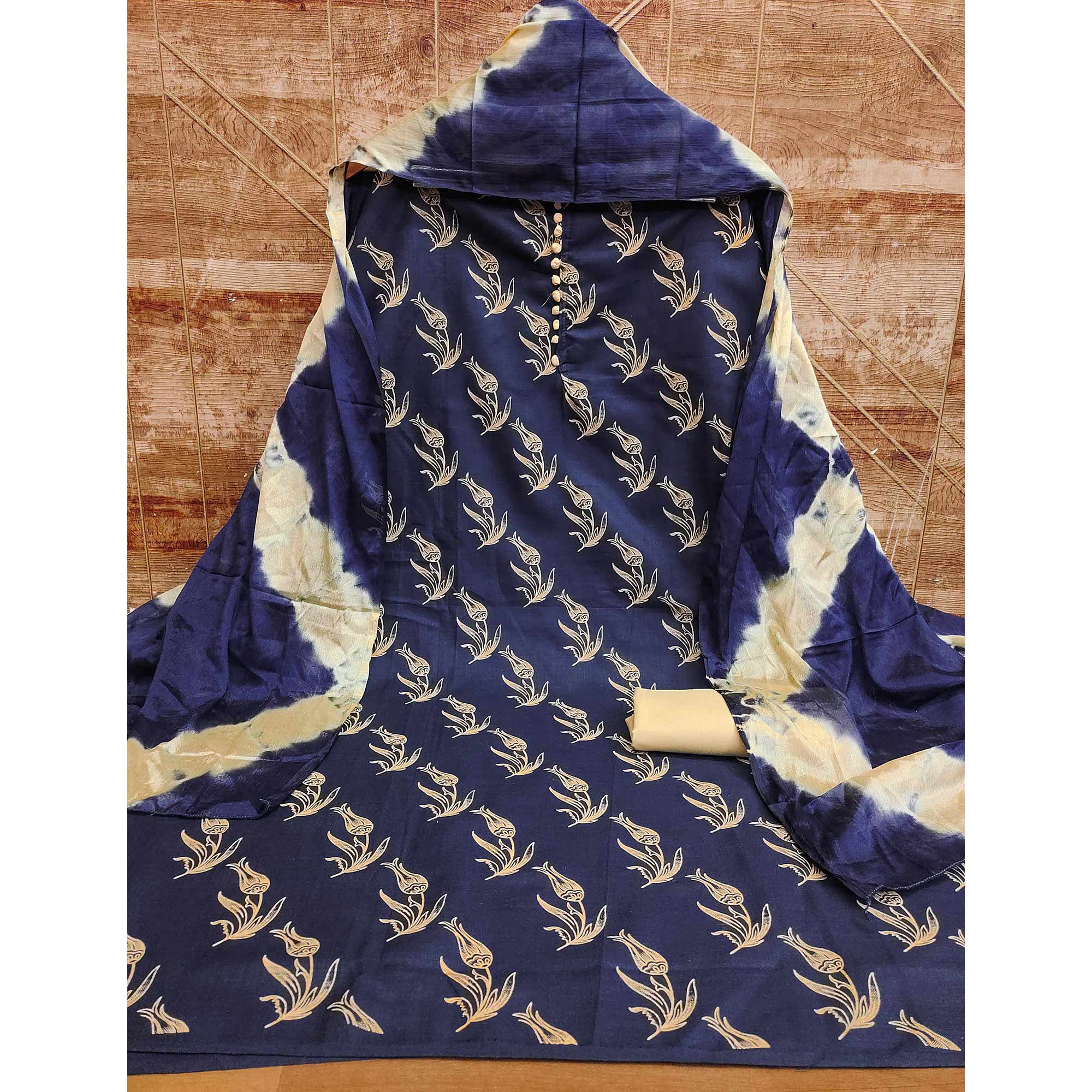 Navy Blue Floral Printed Slub Cotton Dress Material