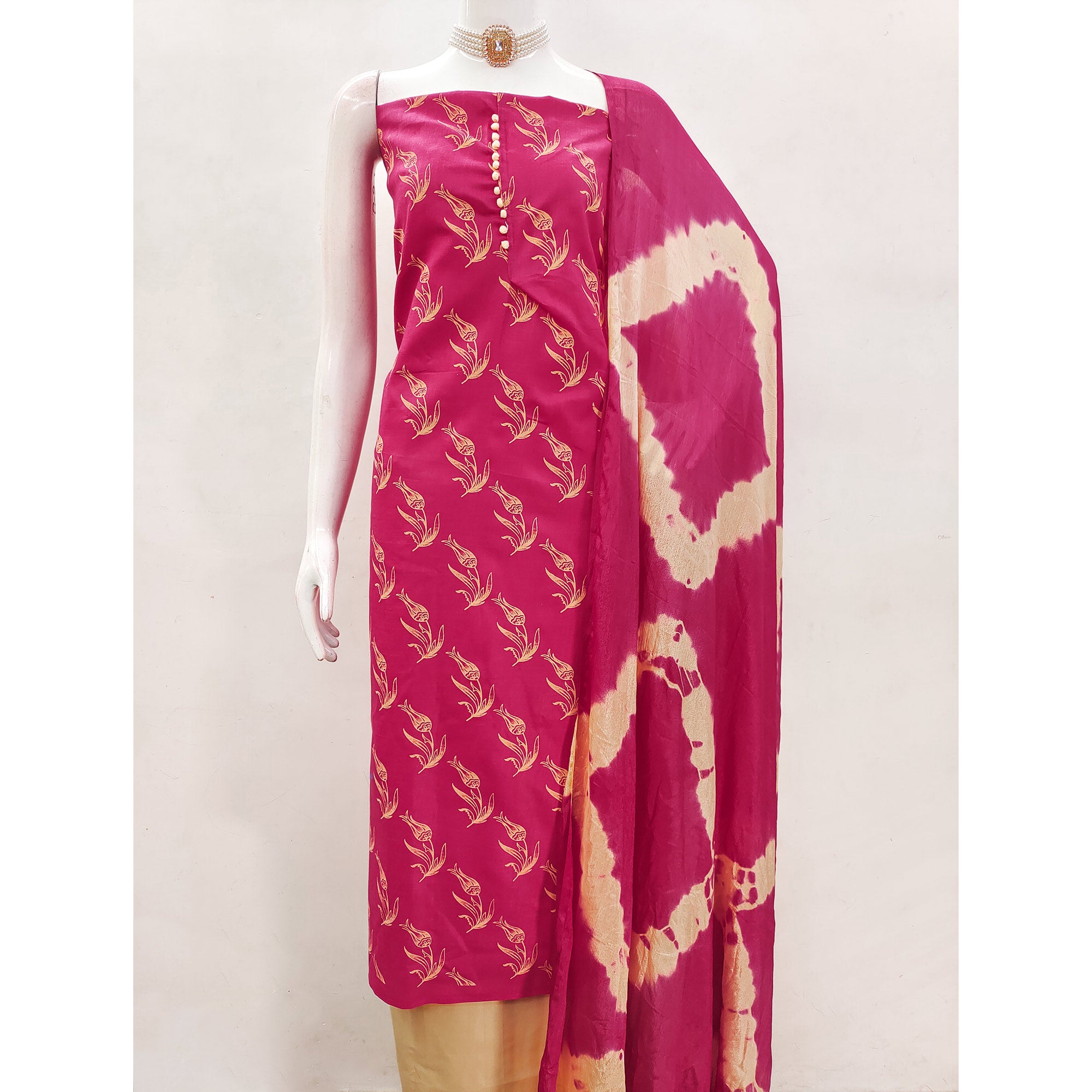 Rani Pink Floral Printed Slub Cotton Dress Material