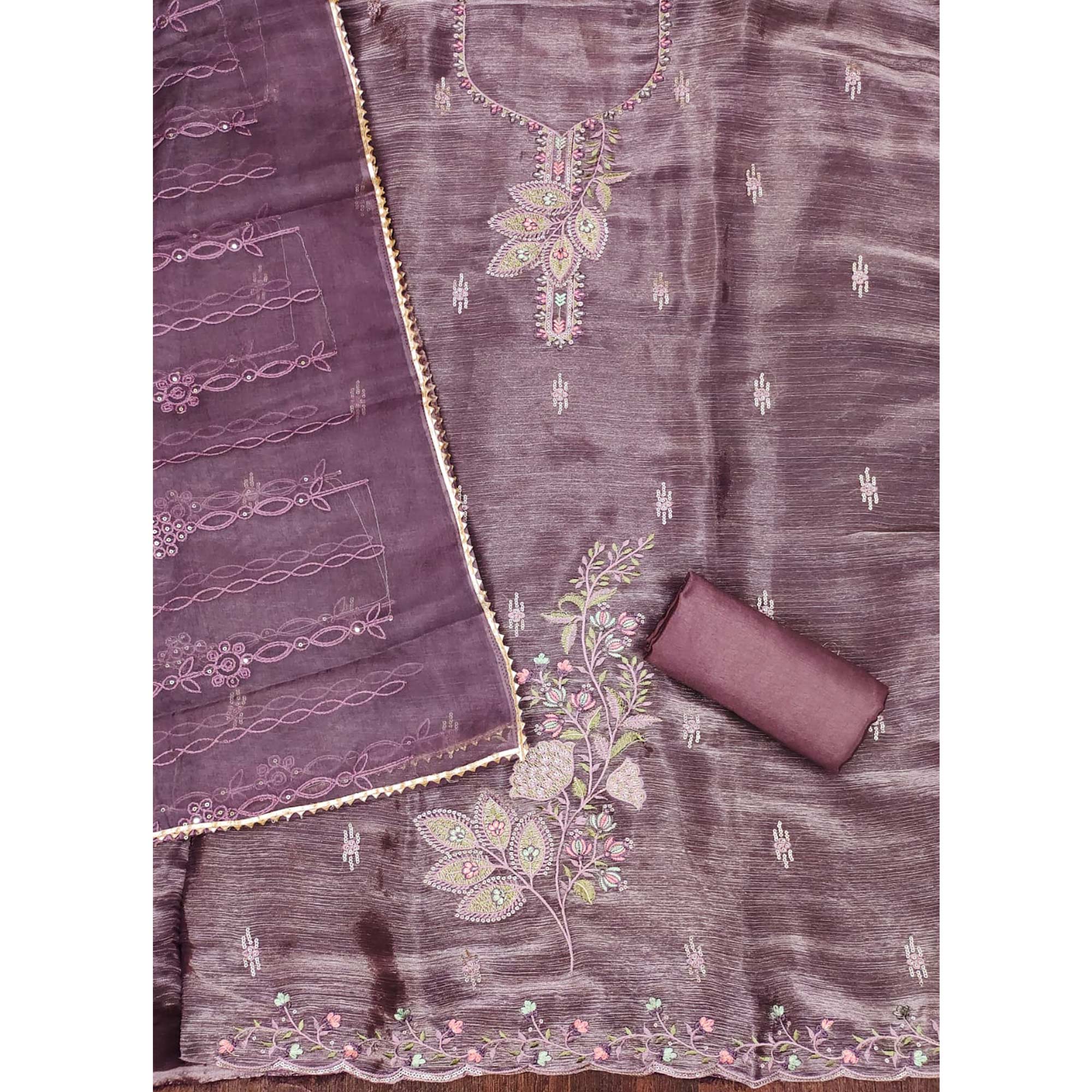 Purple Floral Sequins Embroidered Banarasi Silk Dress Material