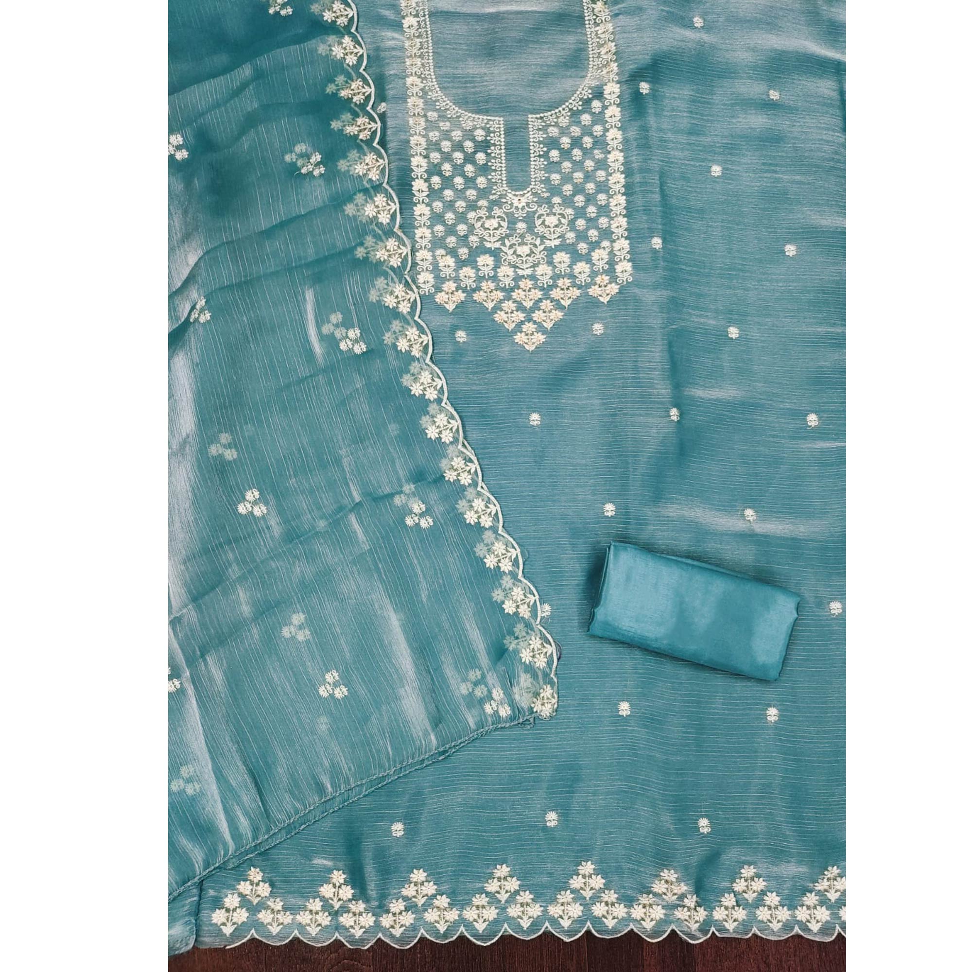 Blue Floral Embroidered Burberry Zoya Silk Dress Material