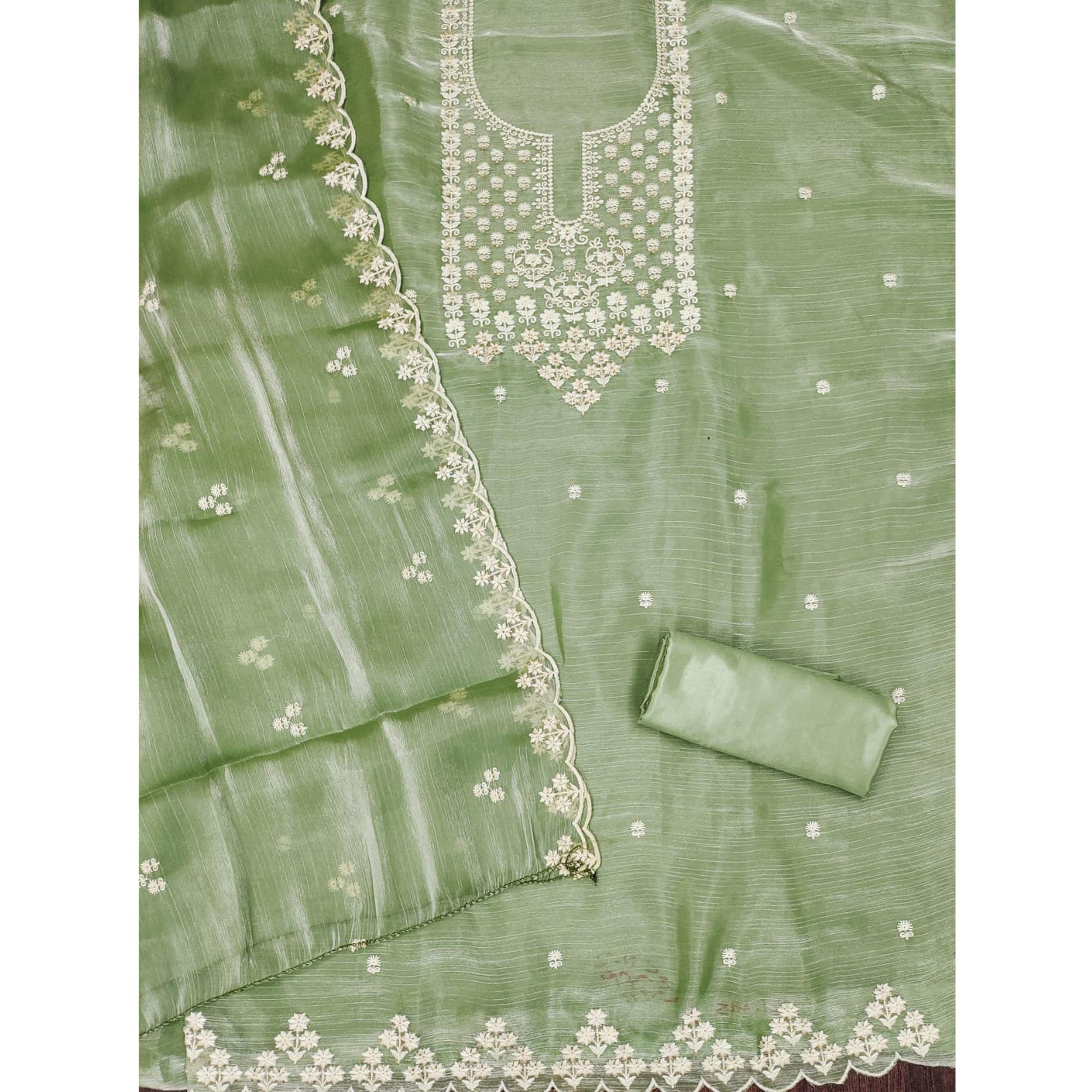 Green Floral Embroidered Burberry Zoya Silk Dress Material