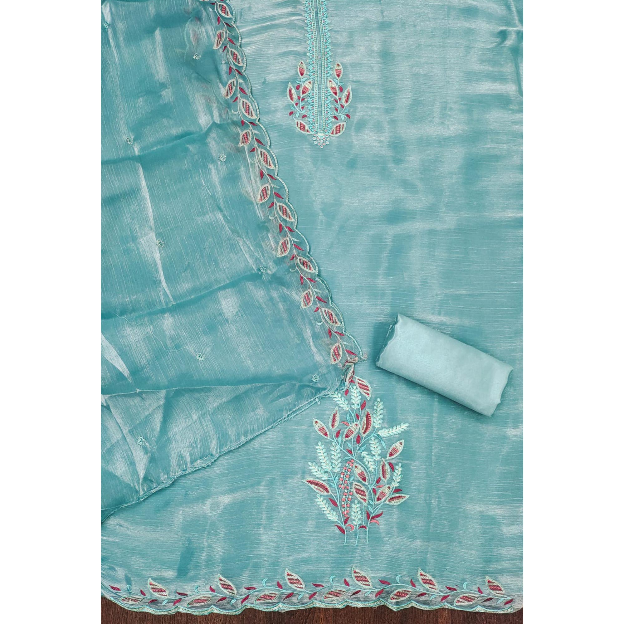 Blue Floral Sequins Embroidered Burberry Zoya Silk Dress Material