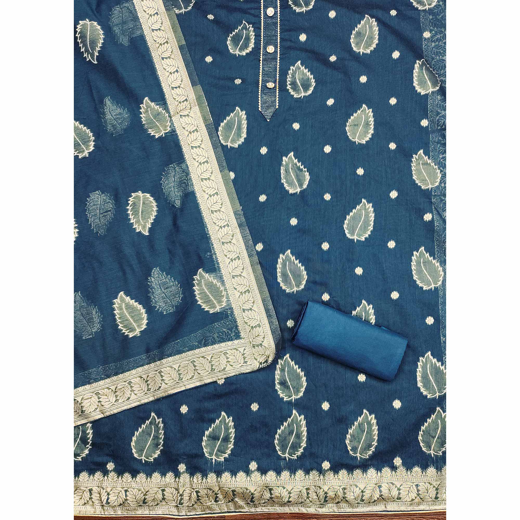 Blue Floral Woven Shimmer Jacquard Dress Material