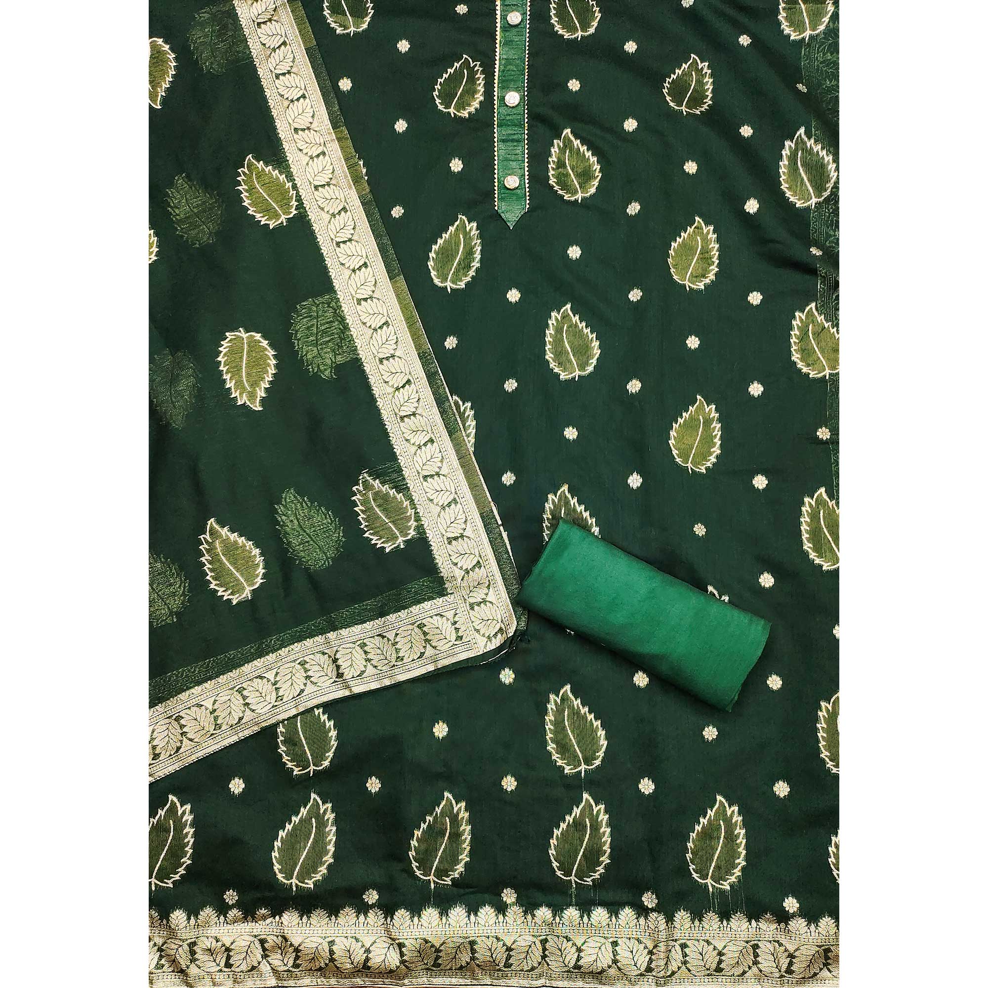 Green Floral Woven Shimmer Jacquard Dress Material