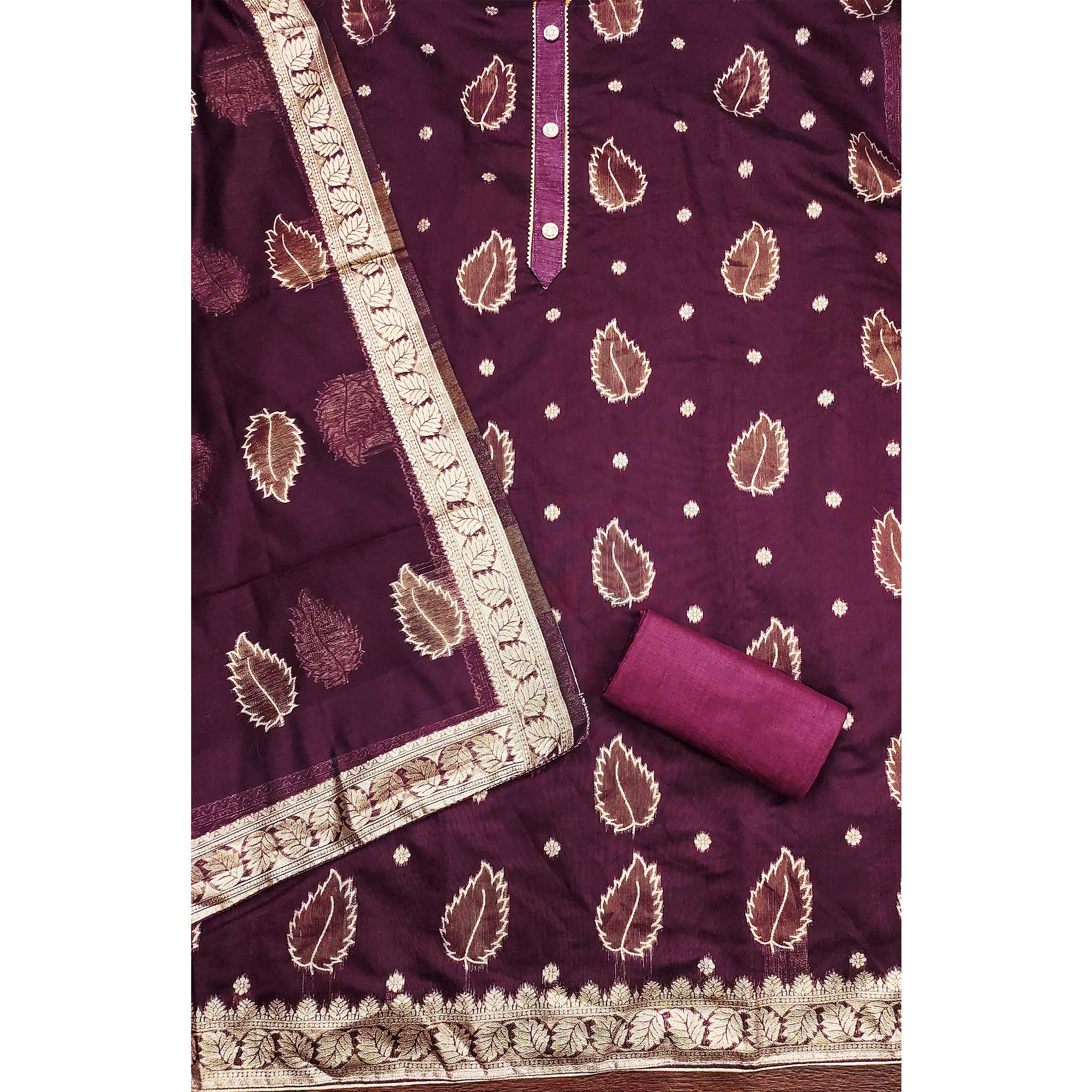 Wine Floral Woven Shimmer Jacquard Dress Material