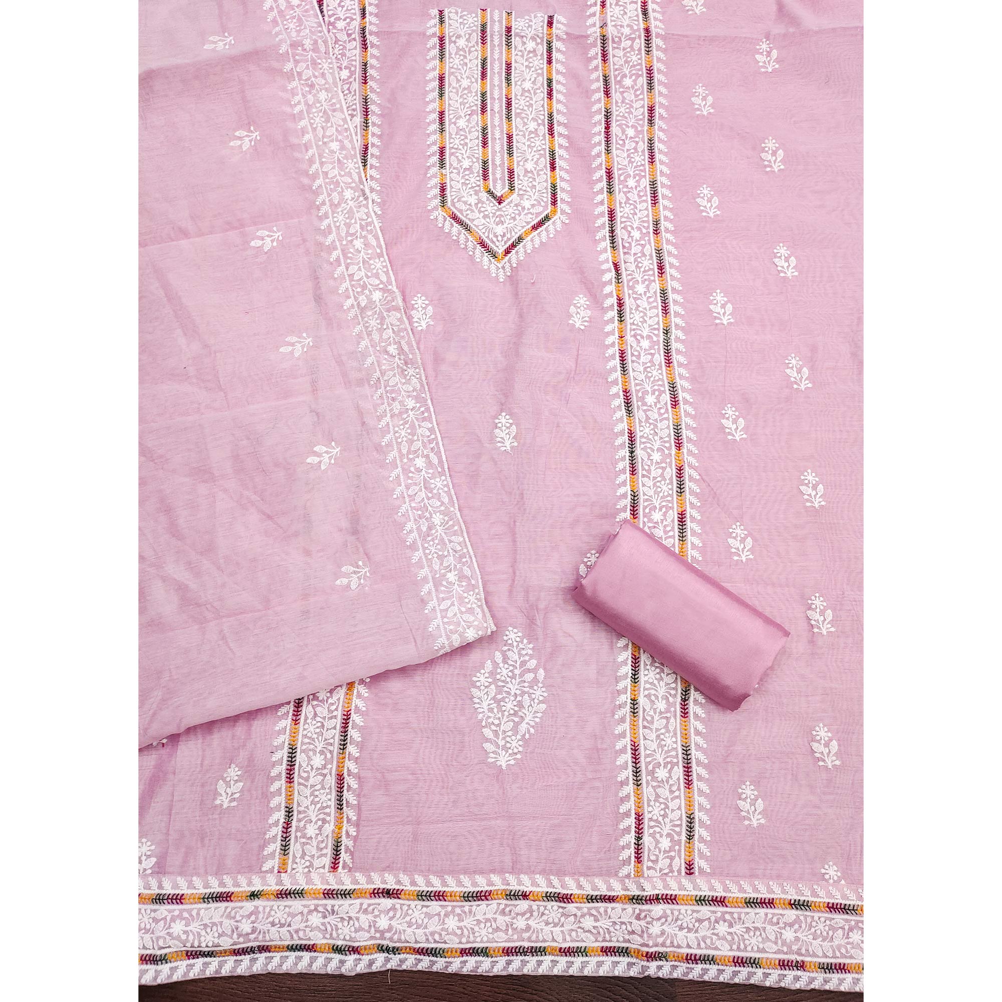 Pink Floral Embroidered Modal Chanderi Silk Dress Material