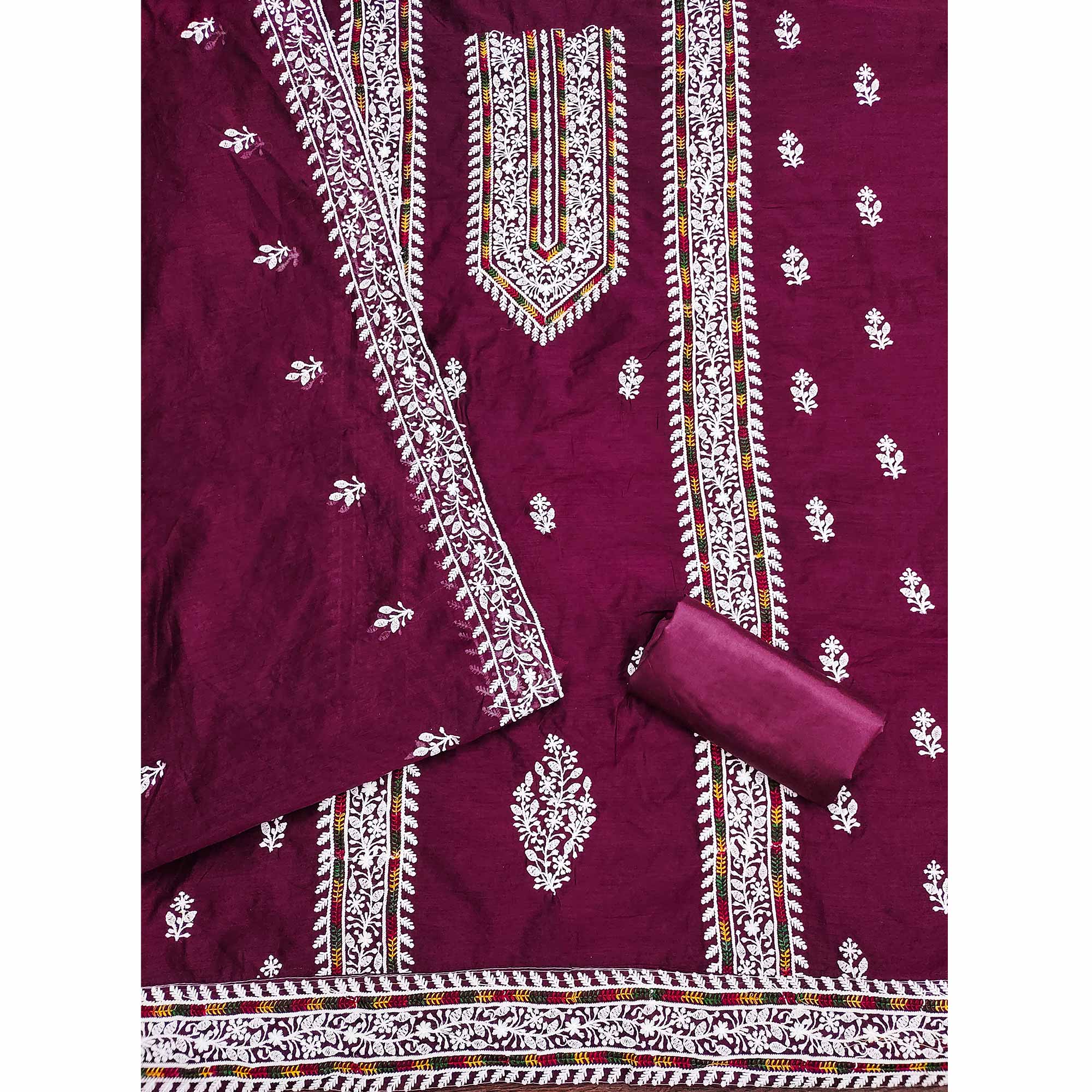 Wine Floral Embroidered Modal Chanderi Silk Dress Material