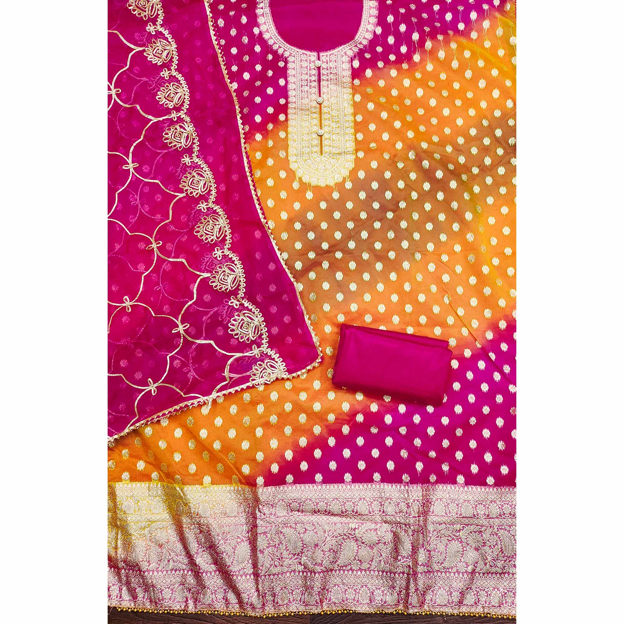 Rani Pink Floral Woven Organza Jacquard Dress Material