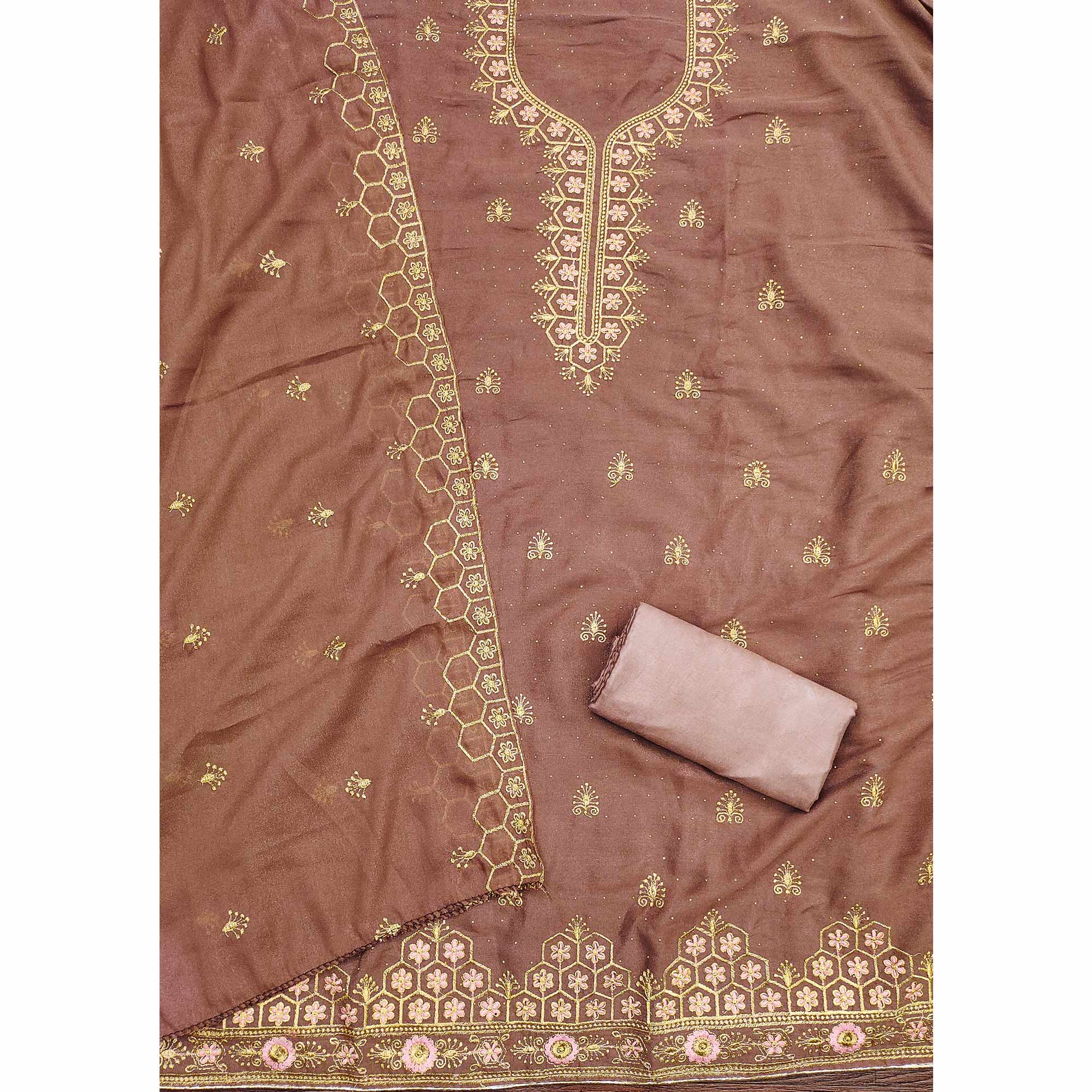 Brown Floral Embroidered Georgette Dress Material