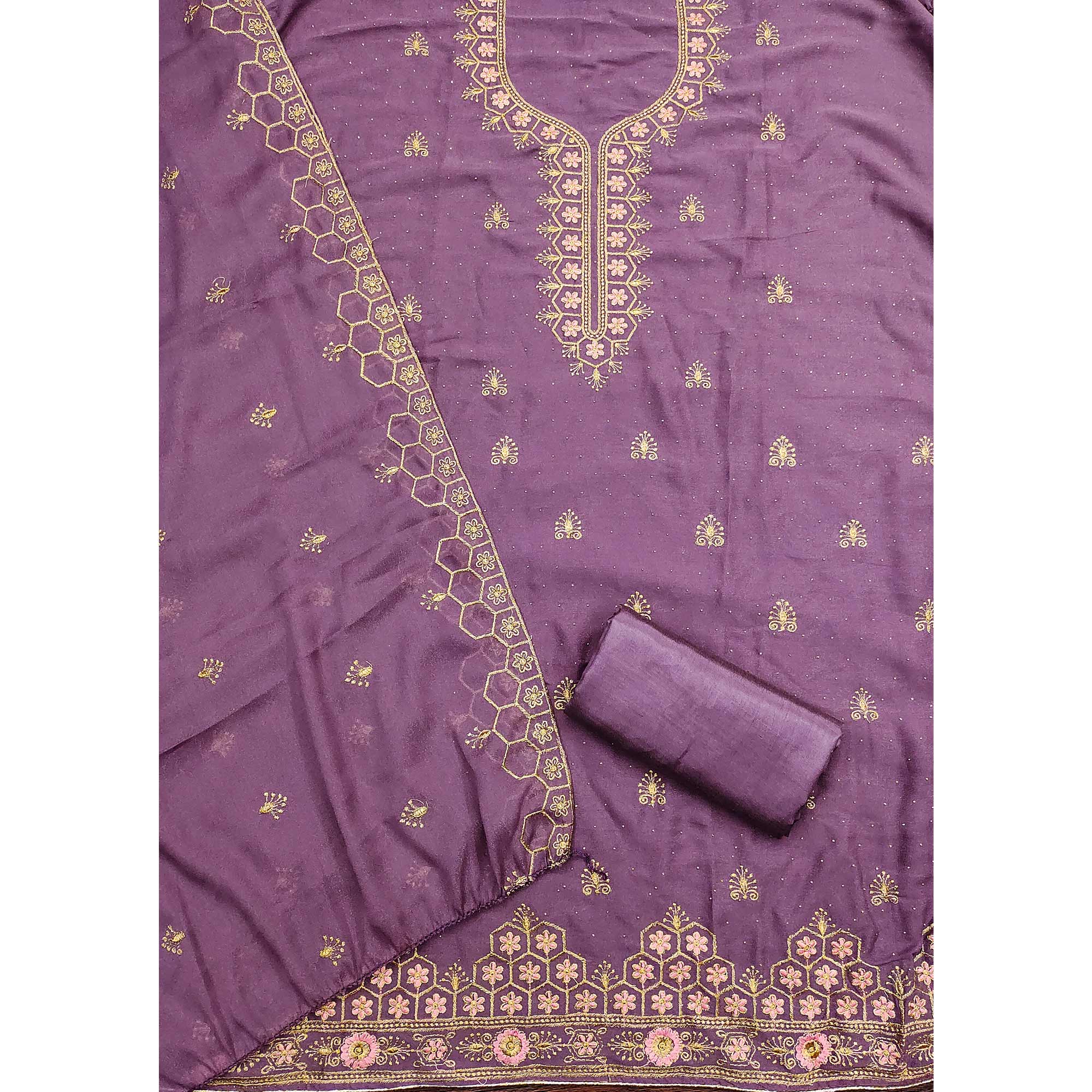 Lavender Floral Embroidered Georgette Dress Material
