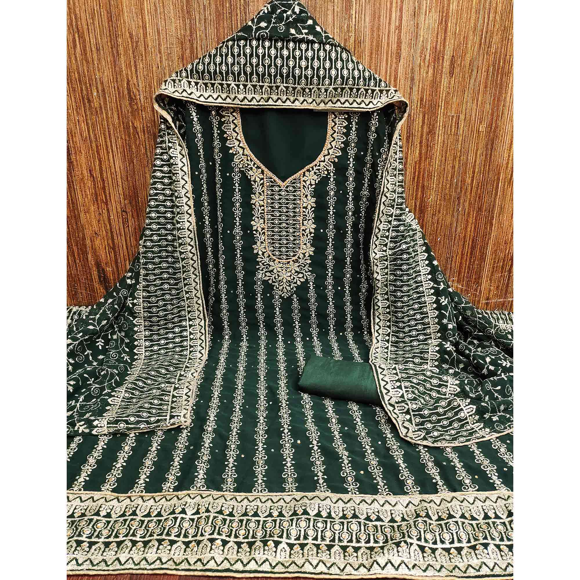 44Green Floral Embroidered Georgette Dress Material