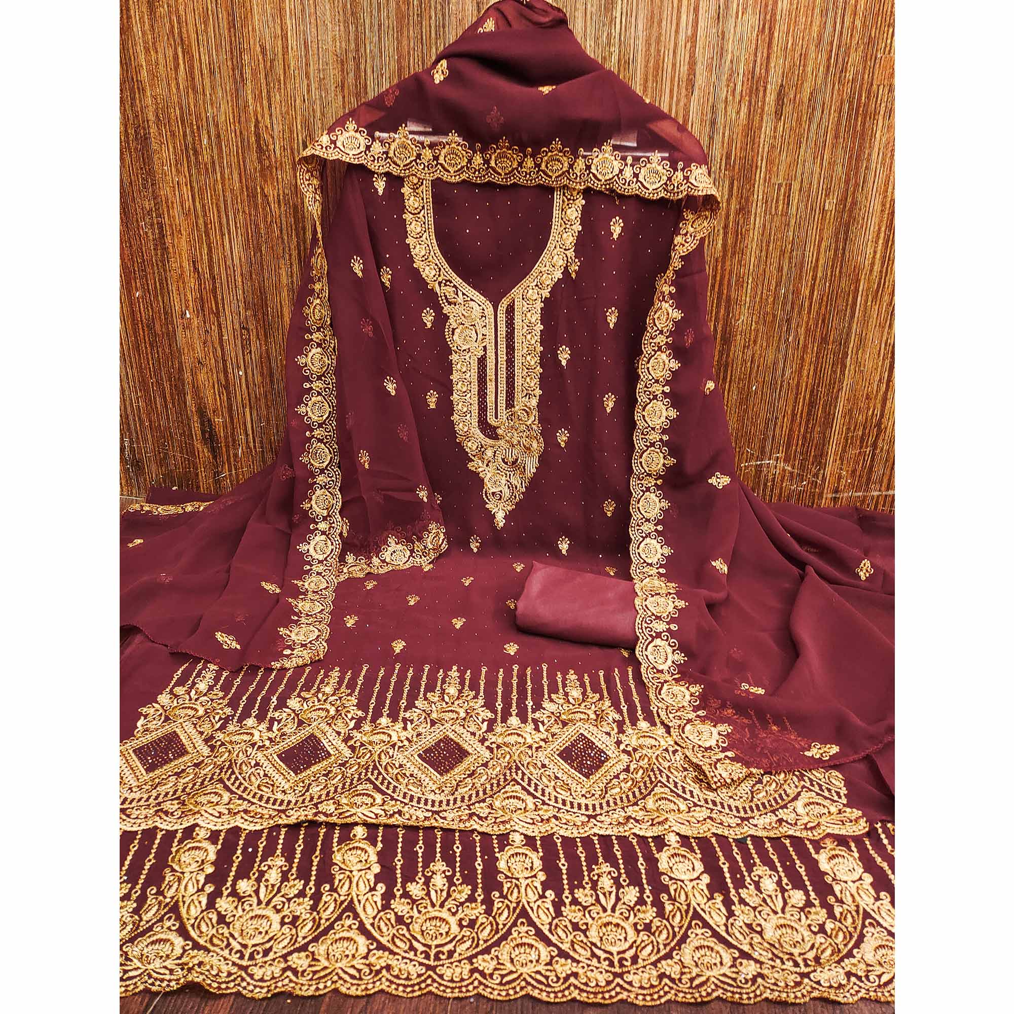 Maroon Embroidered With Swarovski Work Georgette Dress Material