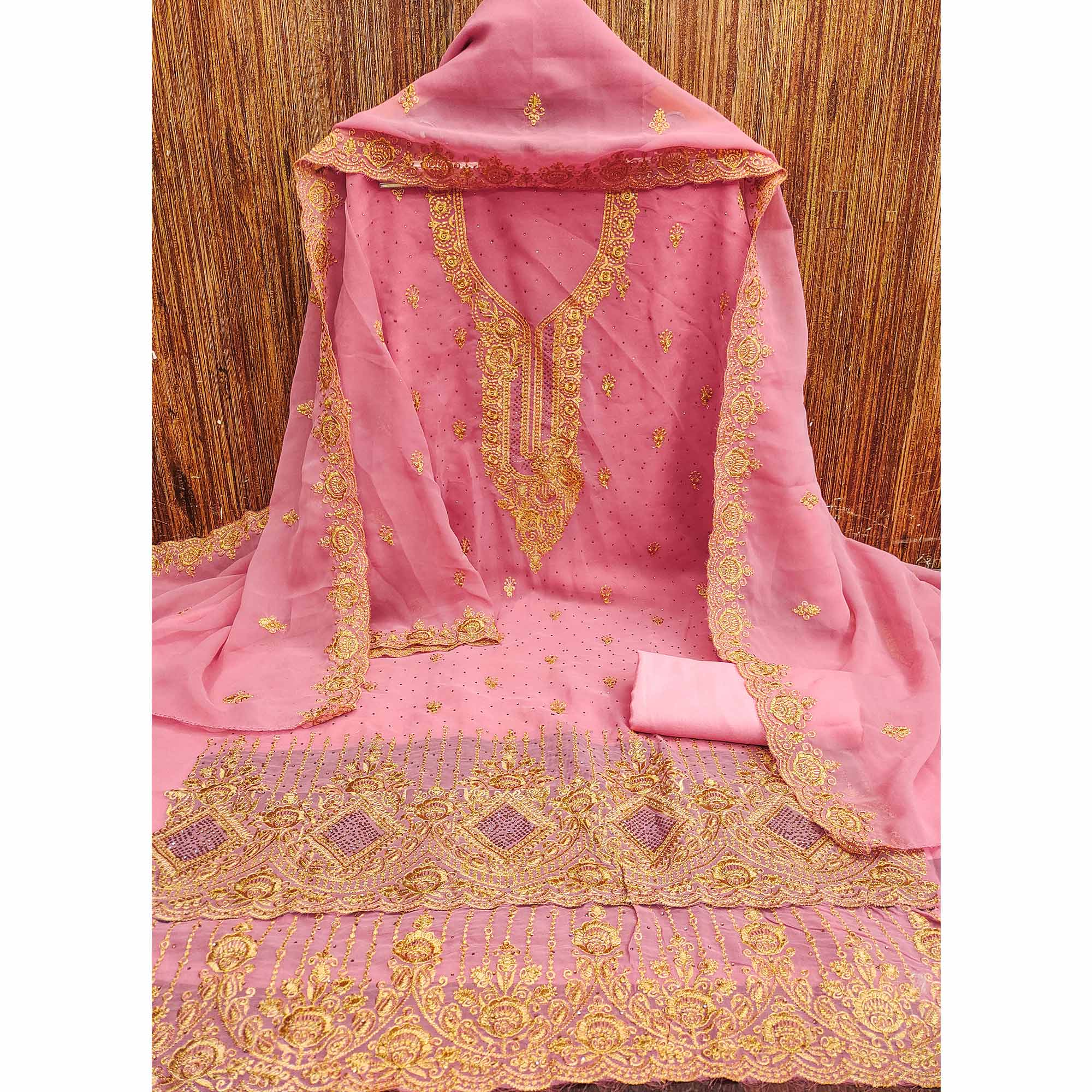 Pink Embroidered With Swarovski Work Georgette Dress Material