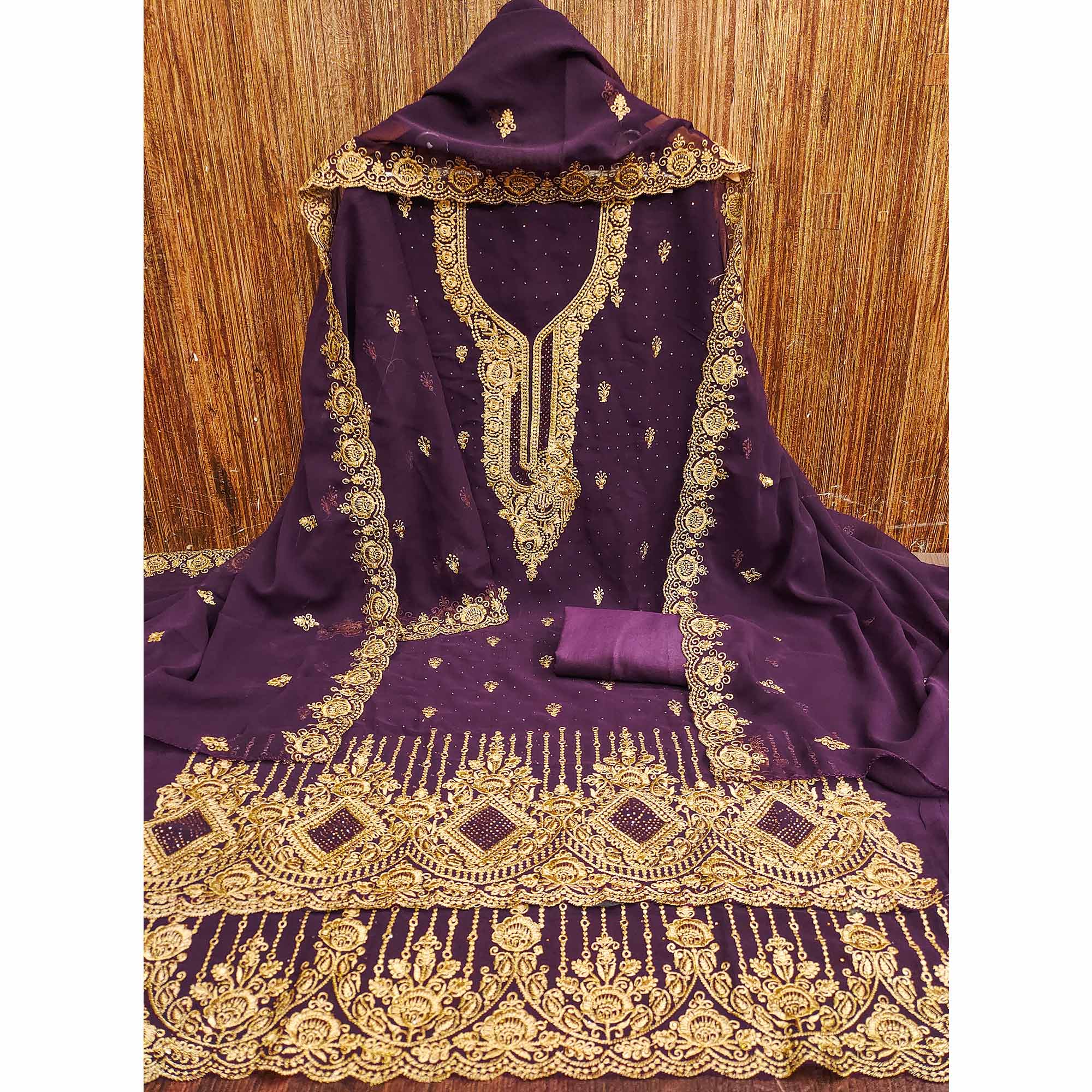 Wine Embroidered With Swarovski Work Georgette Dress Material