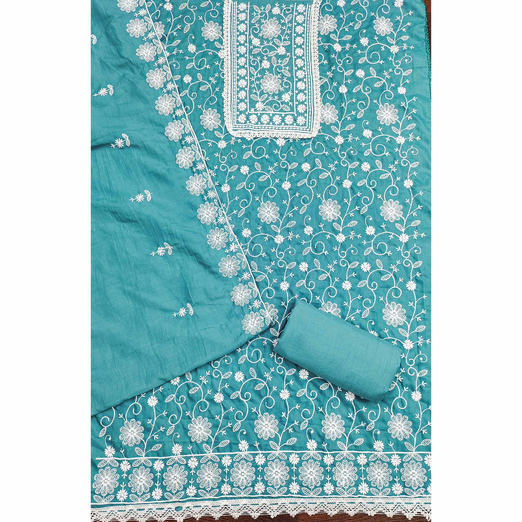 Blue Floral Embroidered Art Silk Dress Material