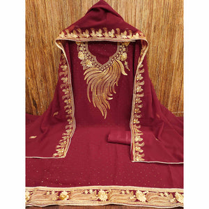 An Ethereal Charm Maroon Floral Embroidery With Stone Work Georgette Dress Material
