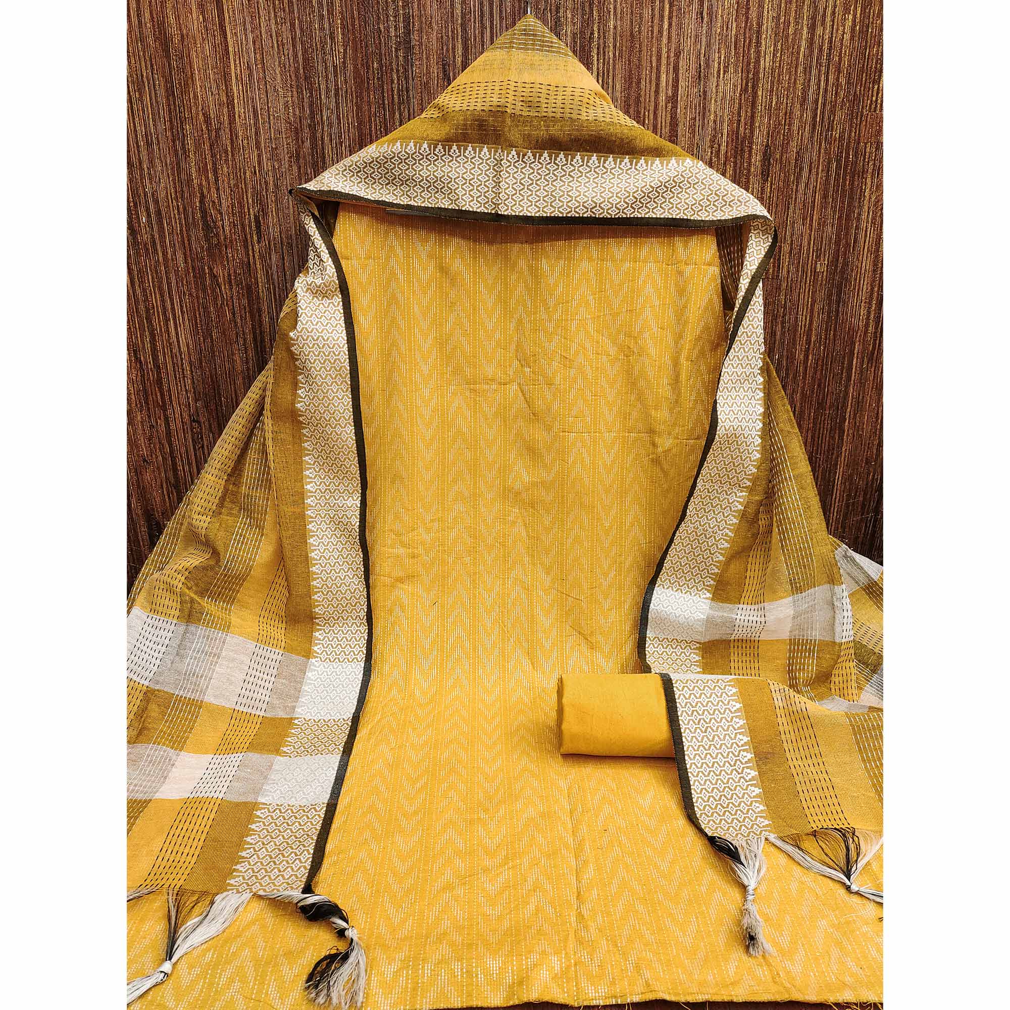 Make a Statement With Mustard Chevron Woven Pattern Cotton Blend Dress Material