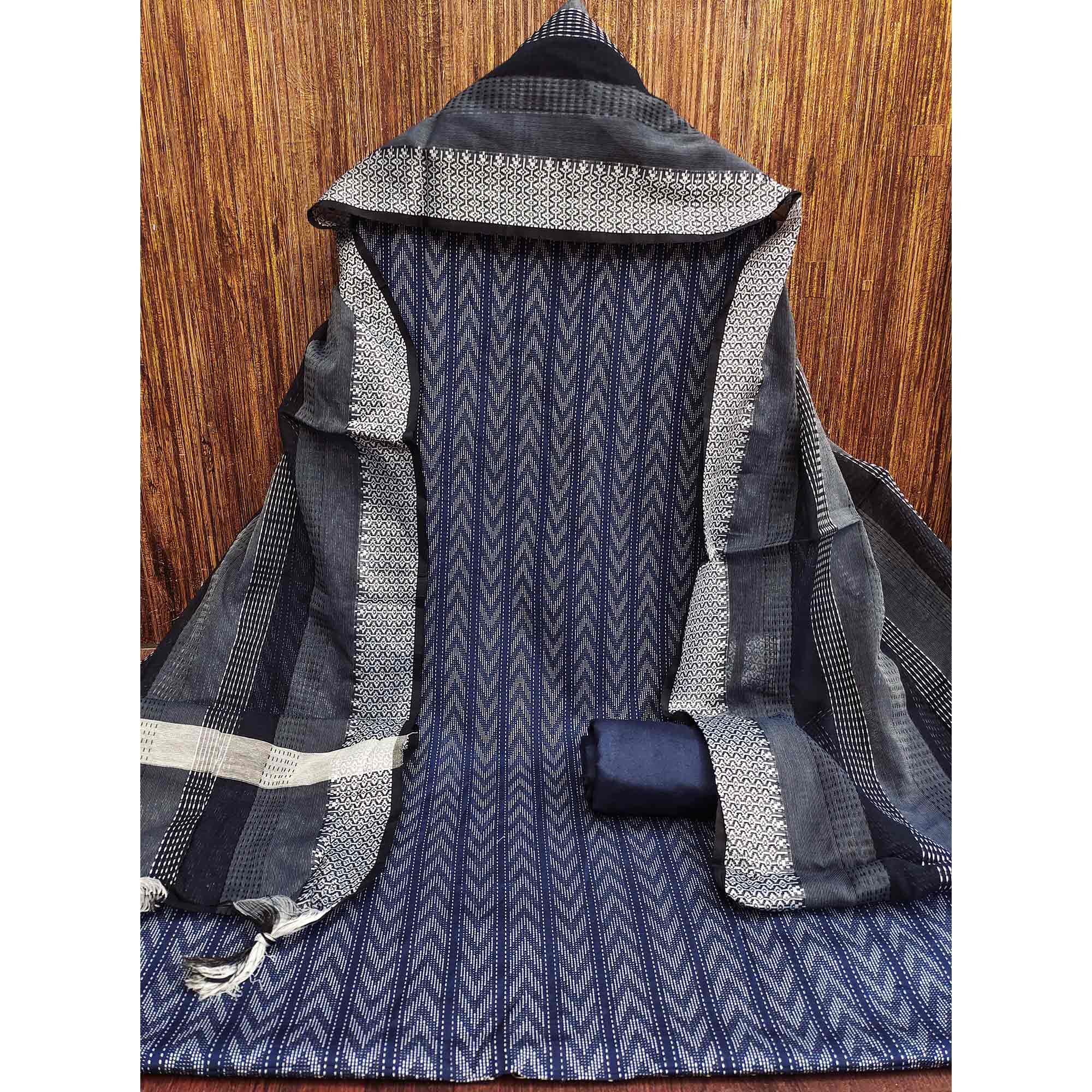 Redefine Elegance With This Navy Blue Chevron Woven Pattern Cotton Blend Dress Material