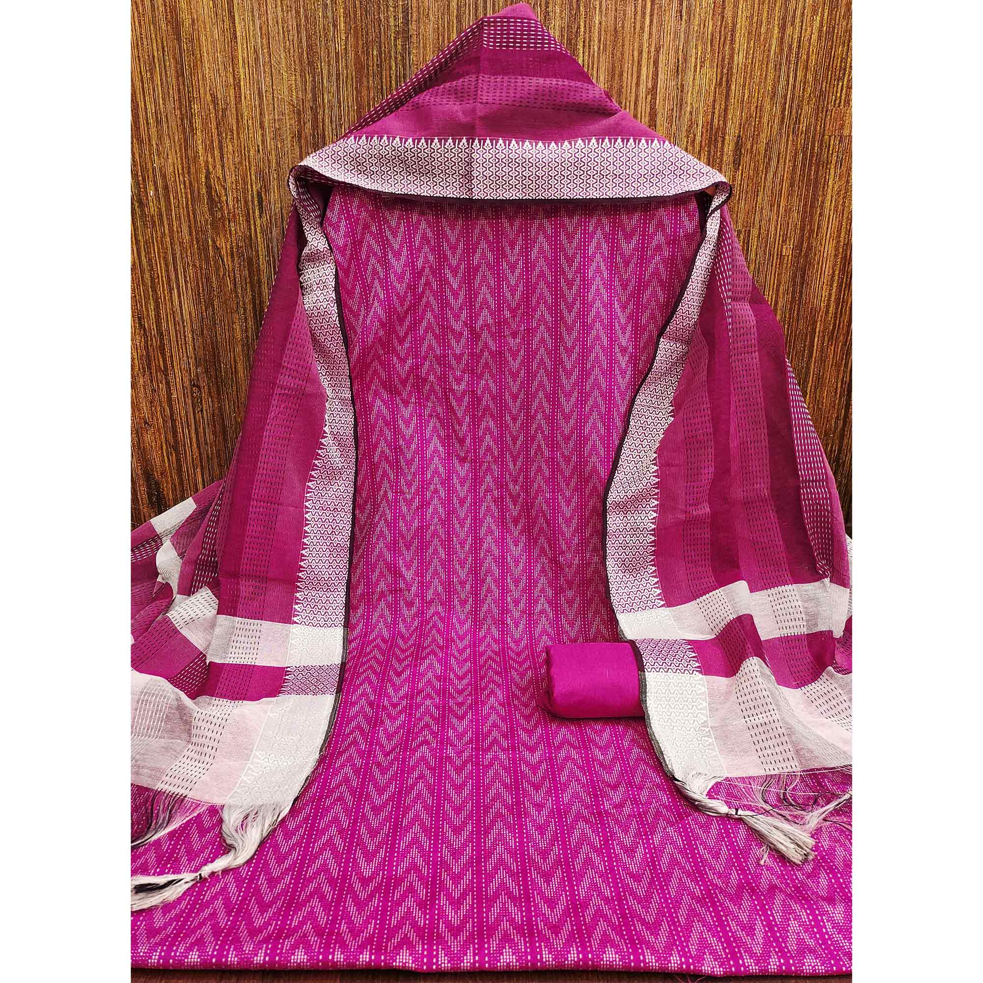Redefine Elegance With This Pink Chevron Woven Pattern Cotton Blend Dress Material