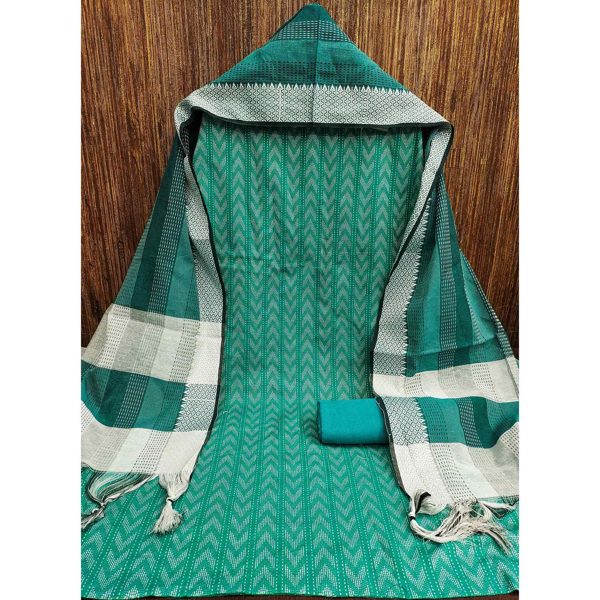 The Perfect Blend Of Grace Rama Green Chevron Woven Pattern Cotton Blend Dress Material