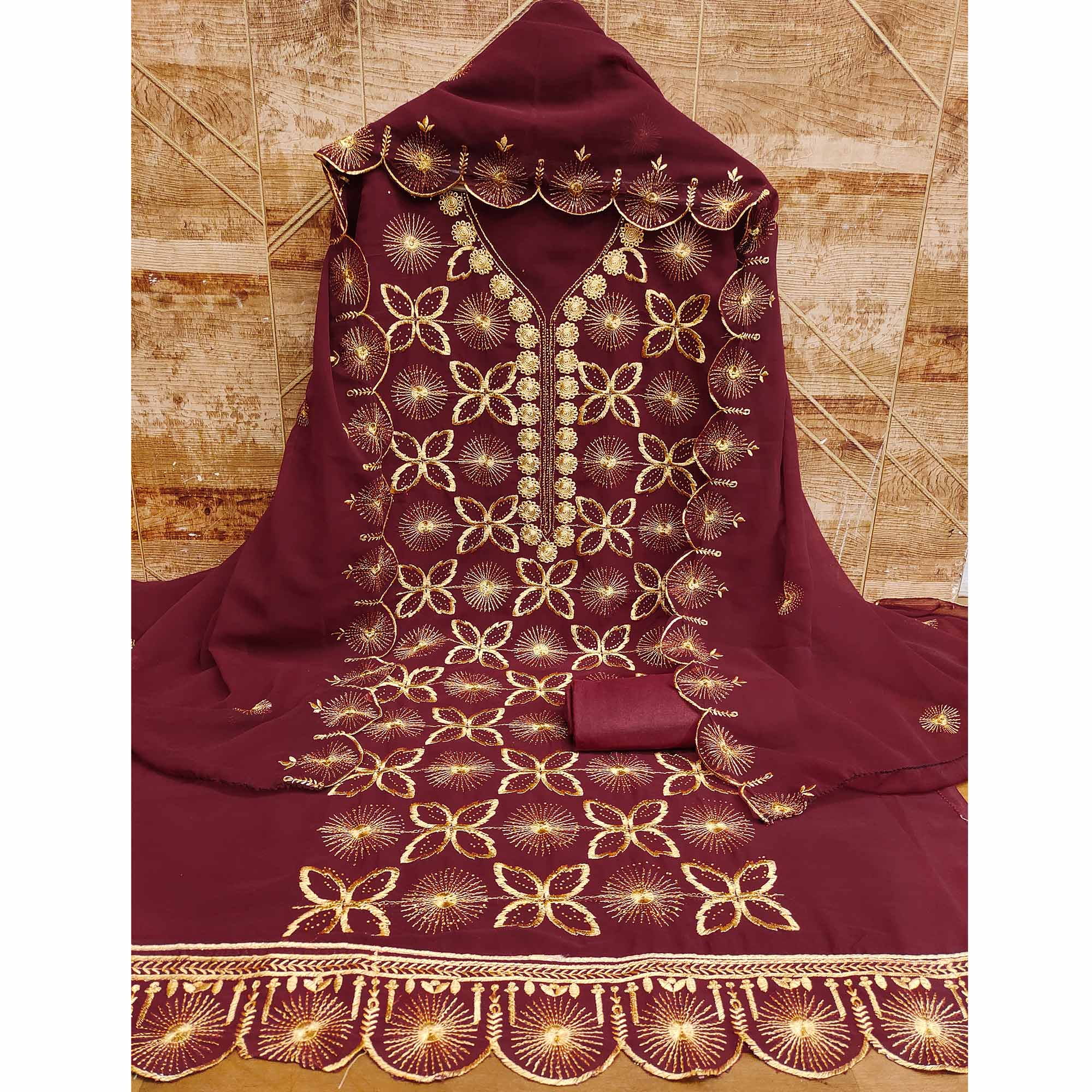 Maroon Georgette Dress Material Featuring Delicate Floral Zari Embroidery