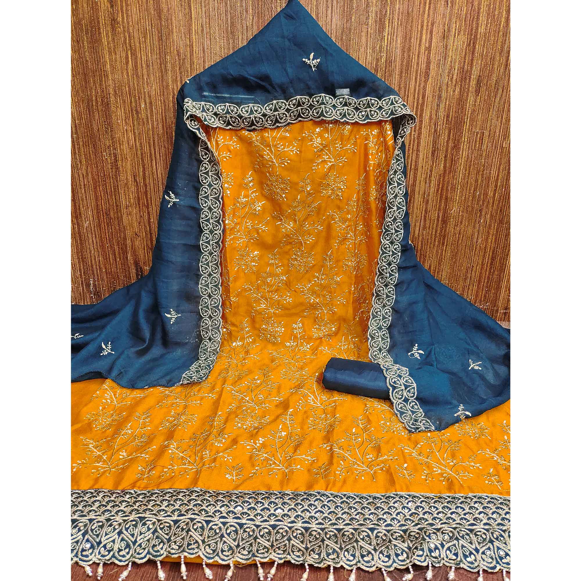 Mustard Vichitra Silk Dress Material With Exquisite Sequins & Zari Embroidery