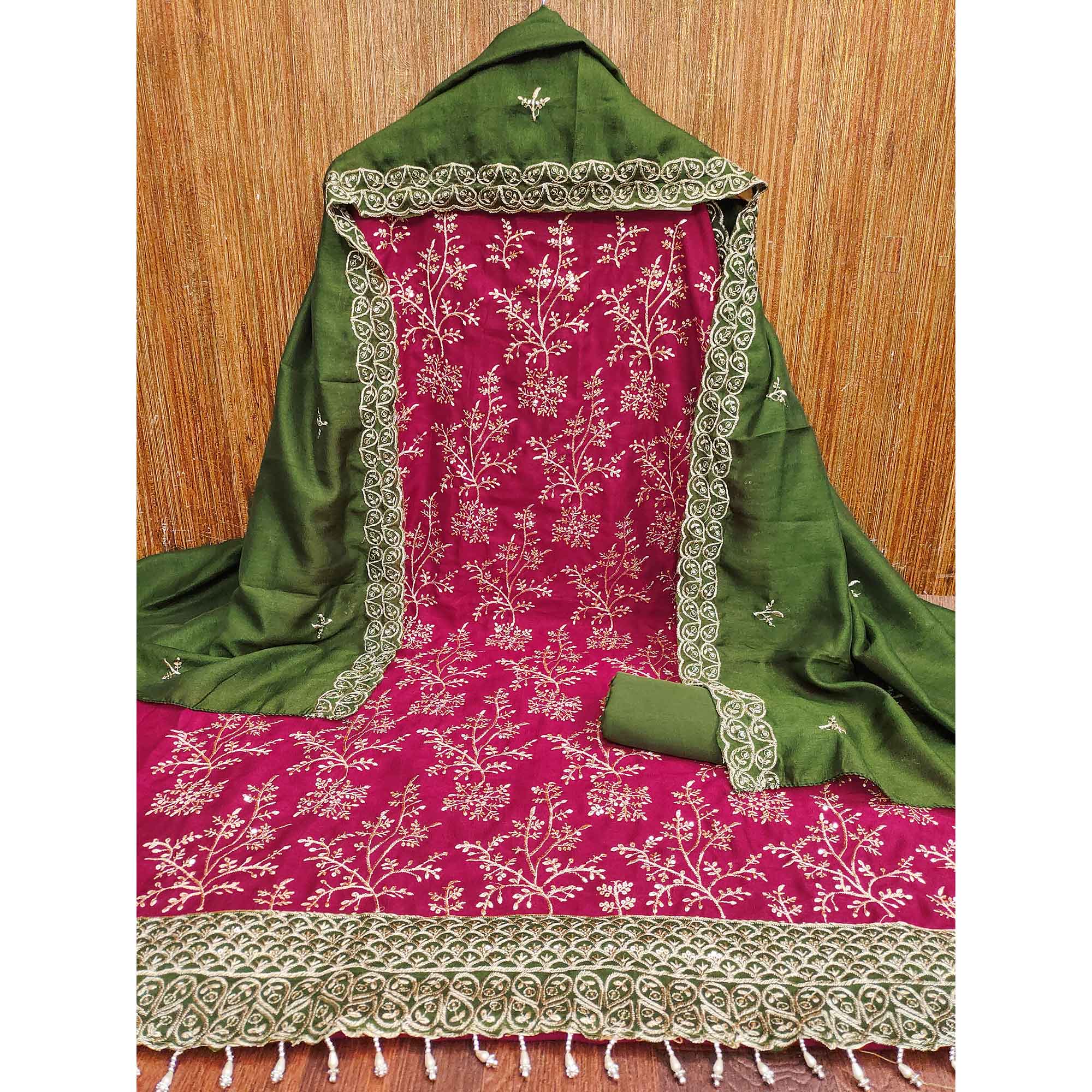 Pink Vichitra Silk Dress Material With Exquisite Sequins & Zari Embroidery