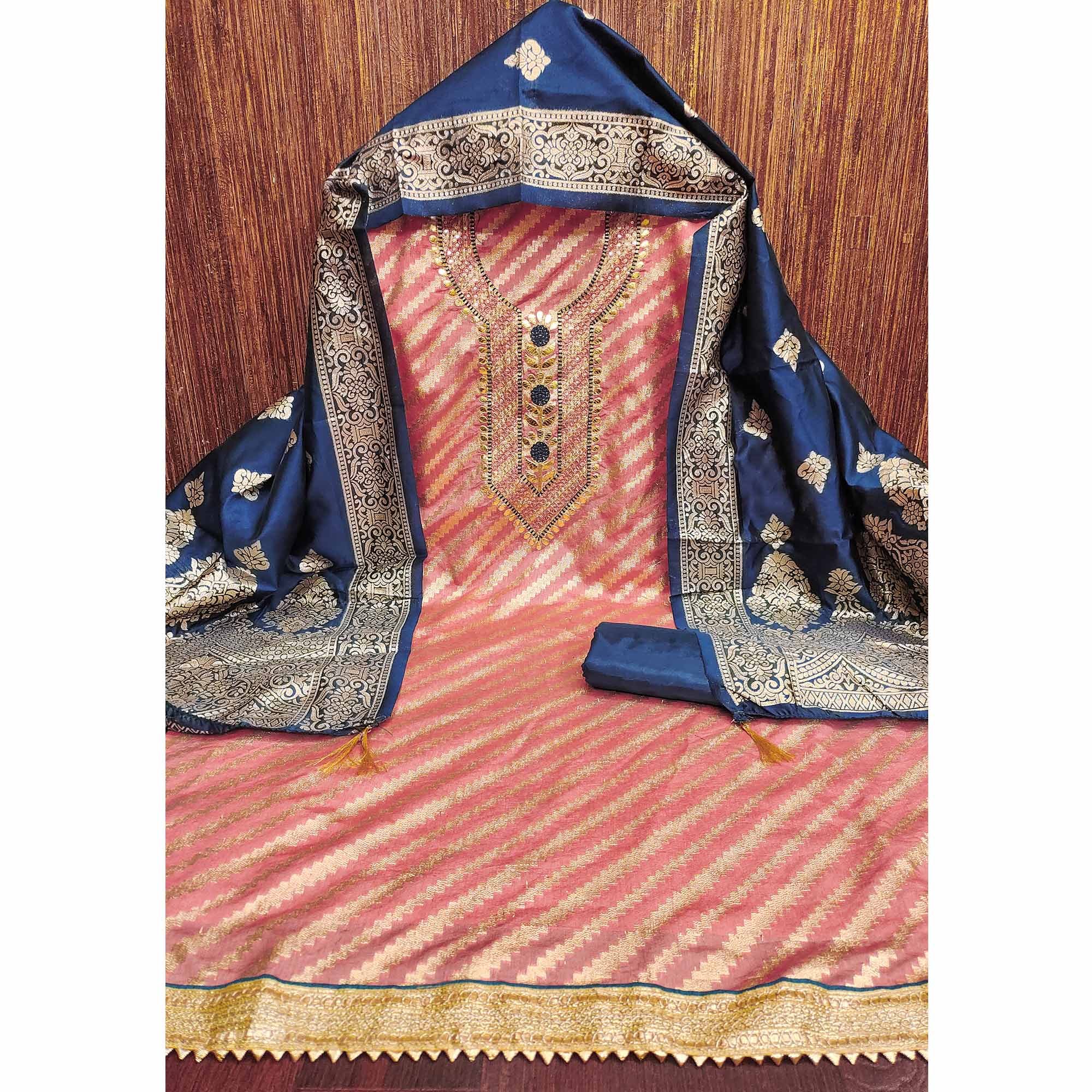 Peach Woven With Sequins Embroidery & Gota Patti Work Banarasi Silk Dress Material