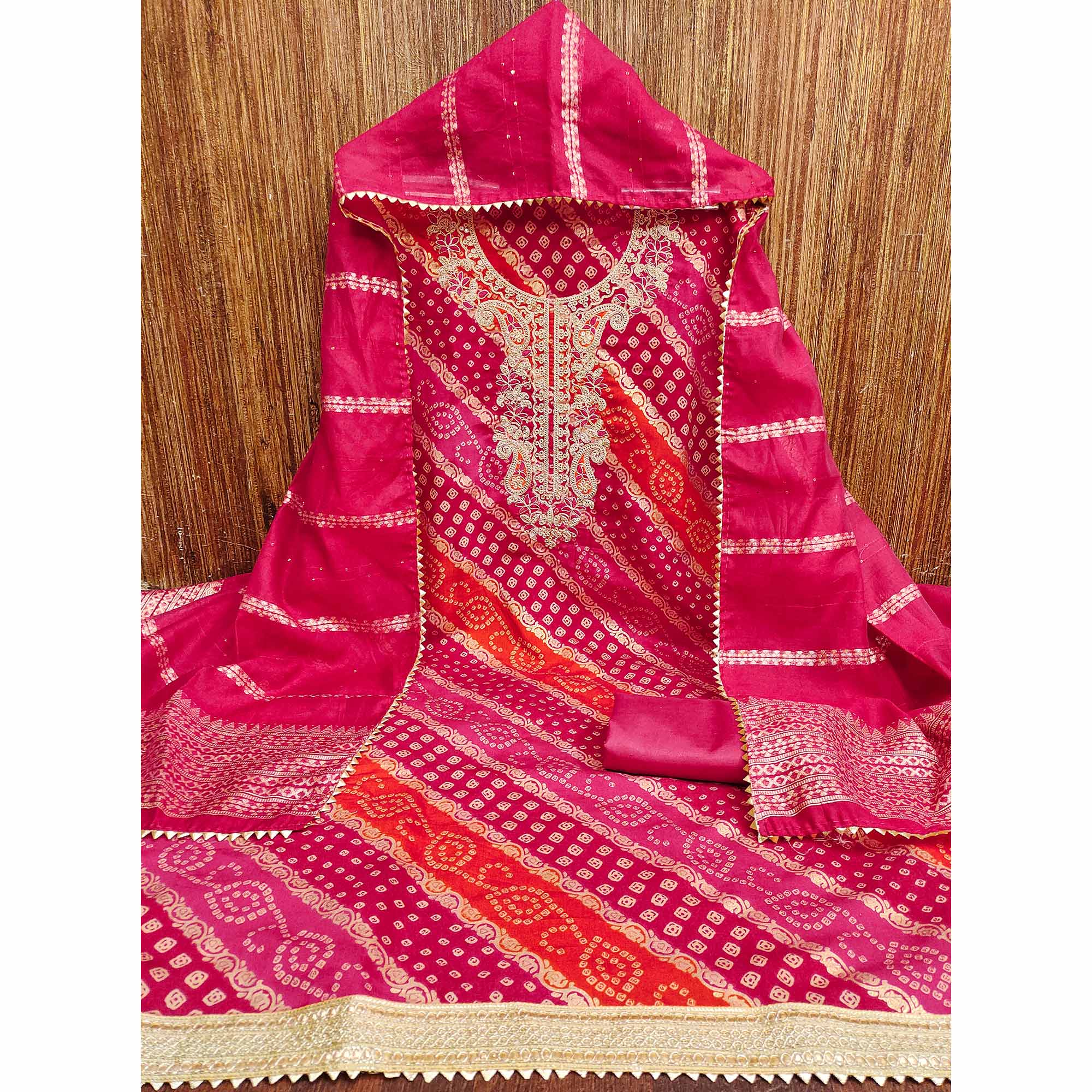 Rani Pink Bandhani Printed With Cording Sequins Emboridery Chanderi Silk Dress Material