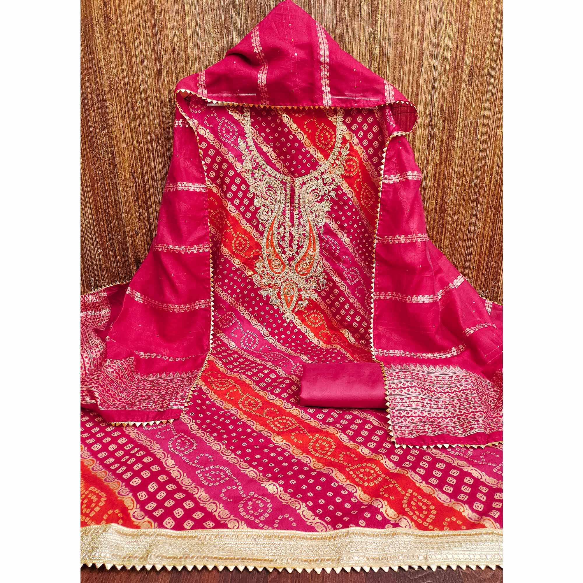 Rani Pink Bandhani Printed With Cording Sequins Emboridery Chanderi Silk Dress Material