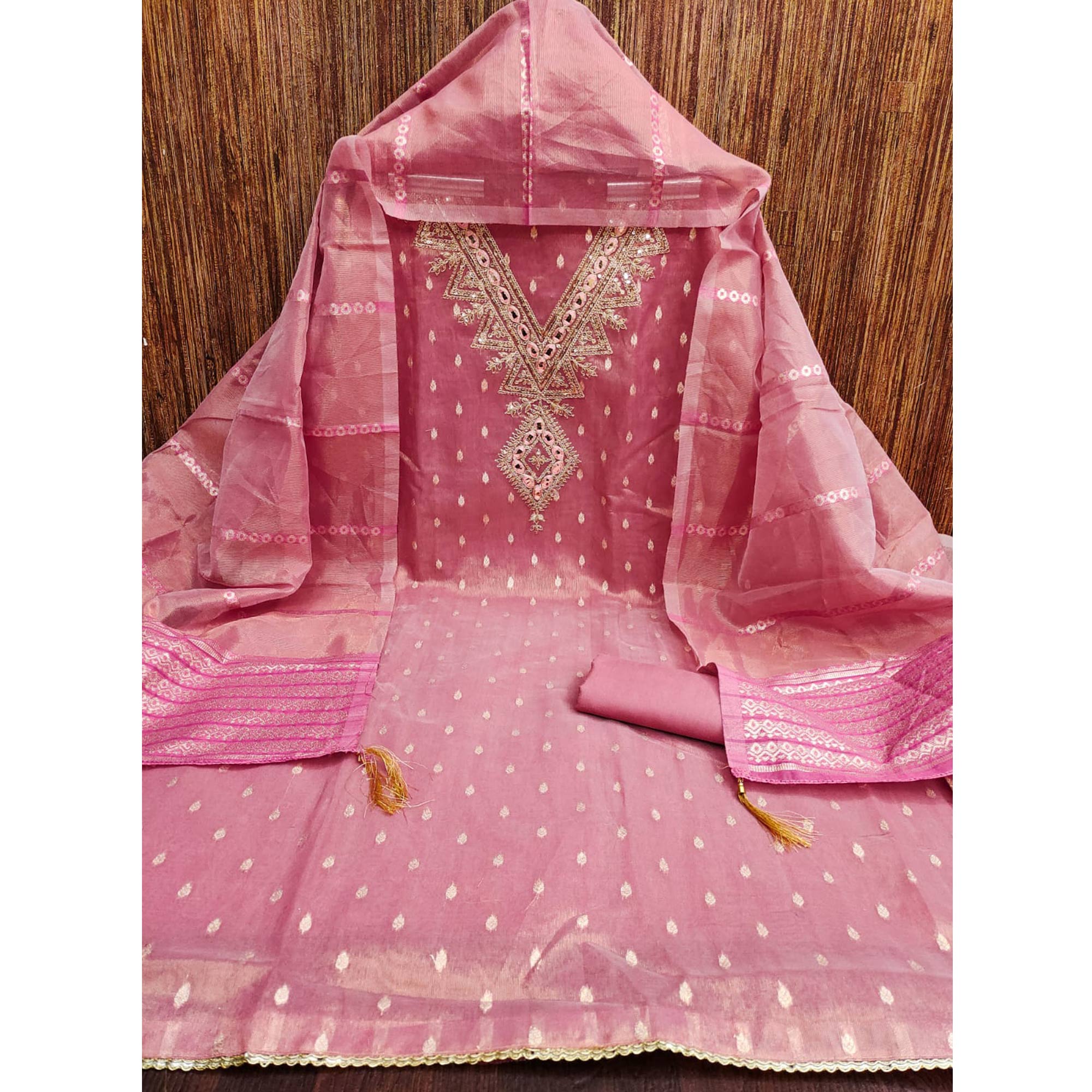 Peach Jacquard Dress Material with Zari Weaving and Sequin Accents