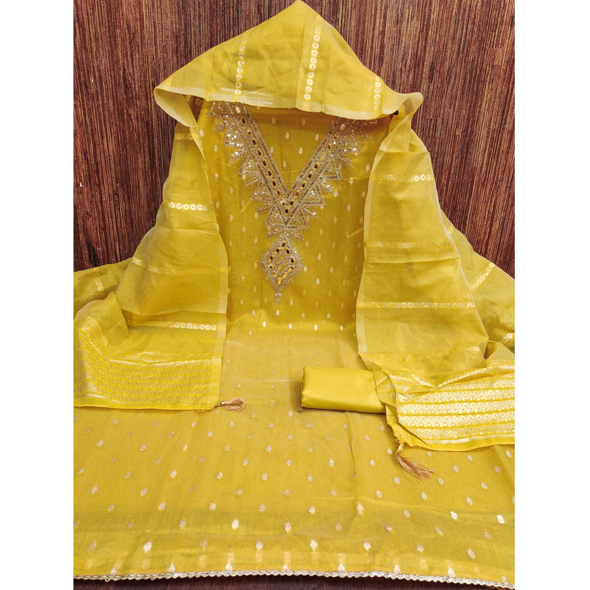 Yellow Jacquard Dress Material with Zari Weaving and Sequin Accents