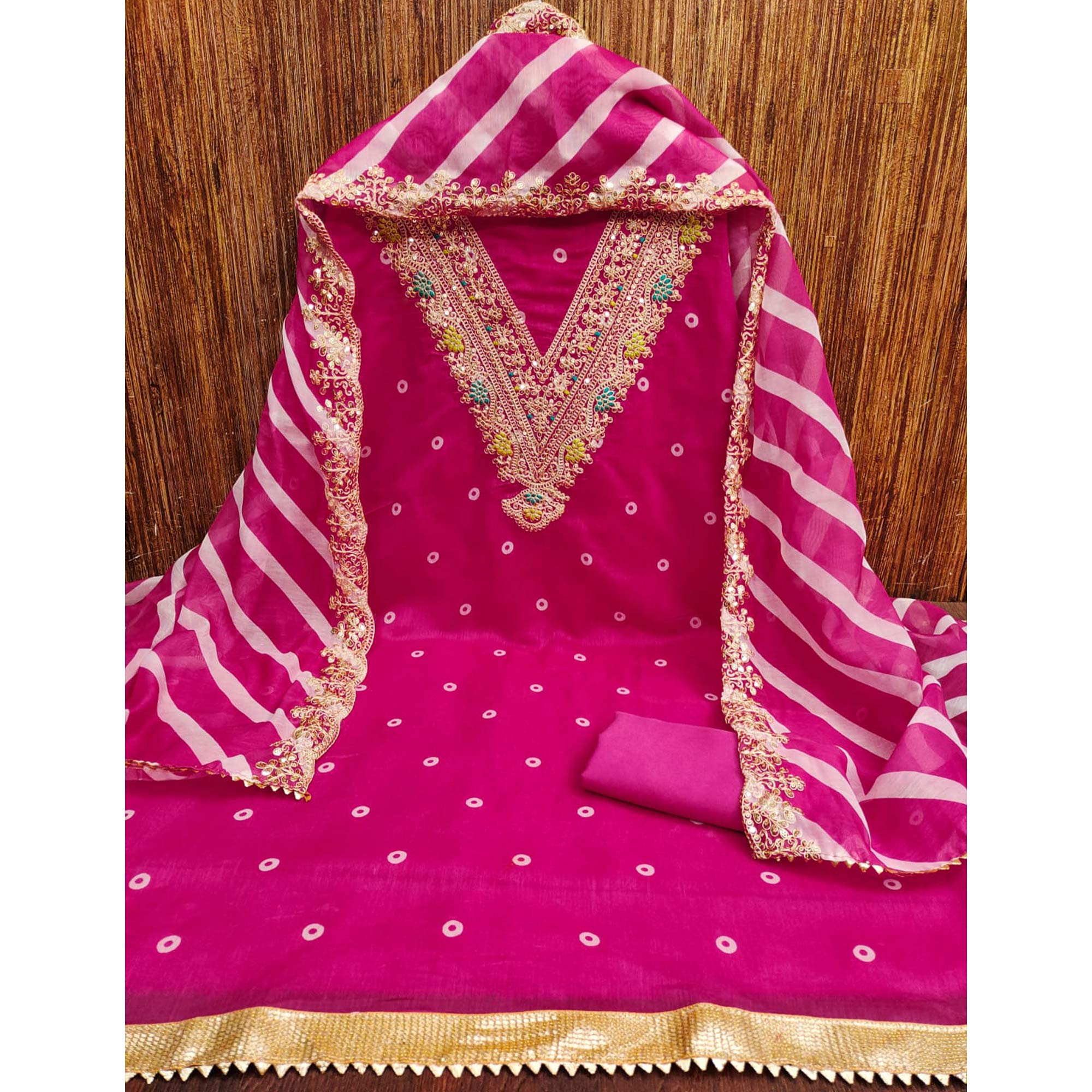 Rani Pink Printed Dress Material In Chanderi Silk with Intricate Cording & Sequin Work