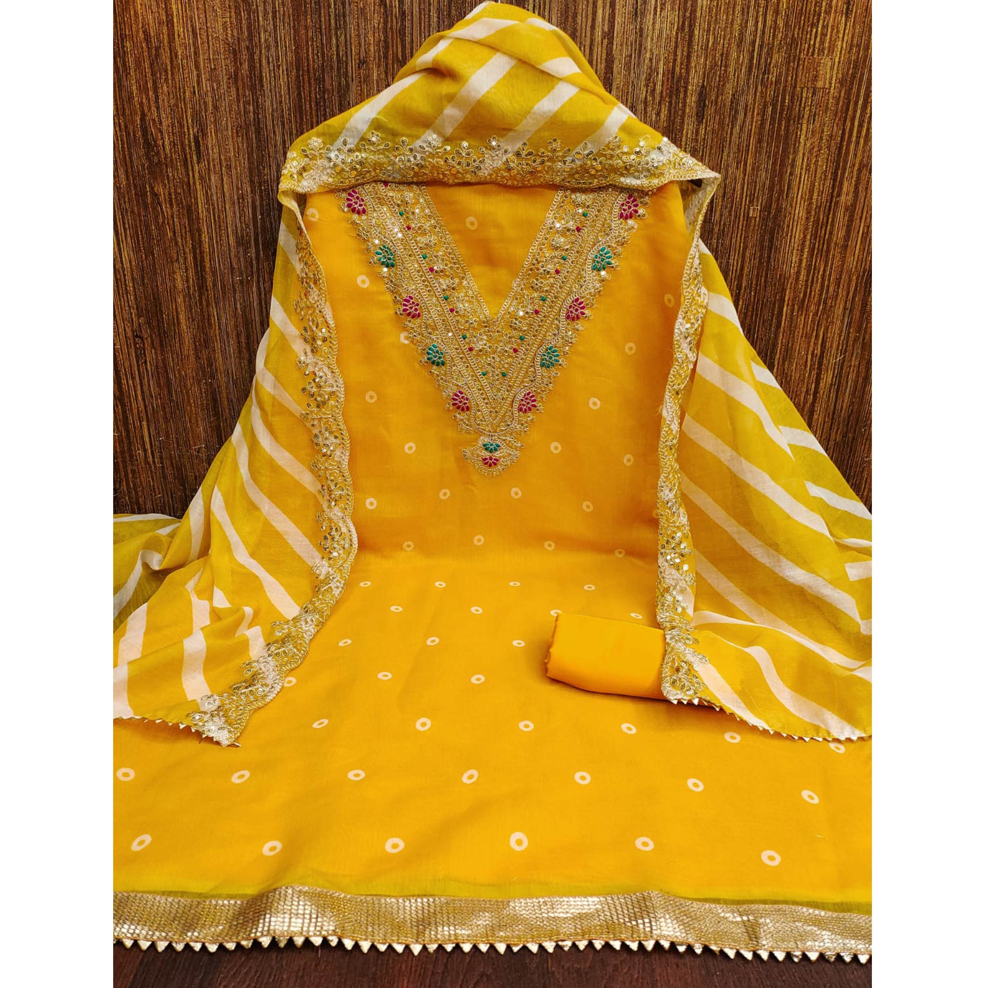 Yellow Printed Dress Material In Chanderi Silk with Intricate Cording & Sequin Work