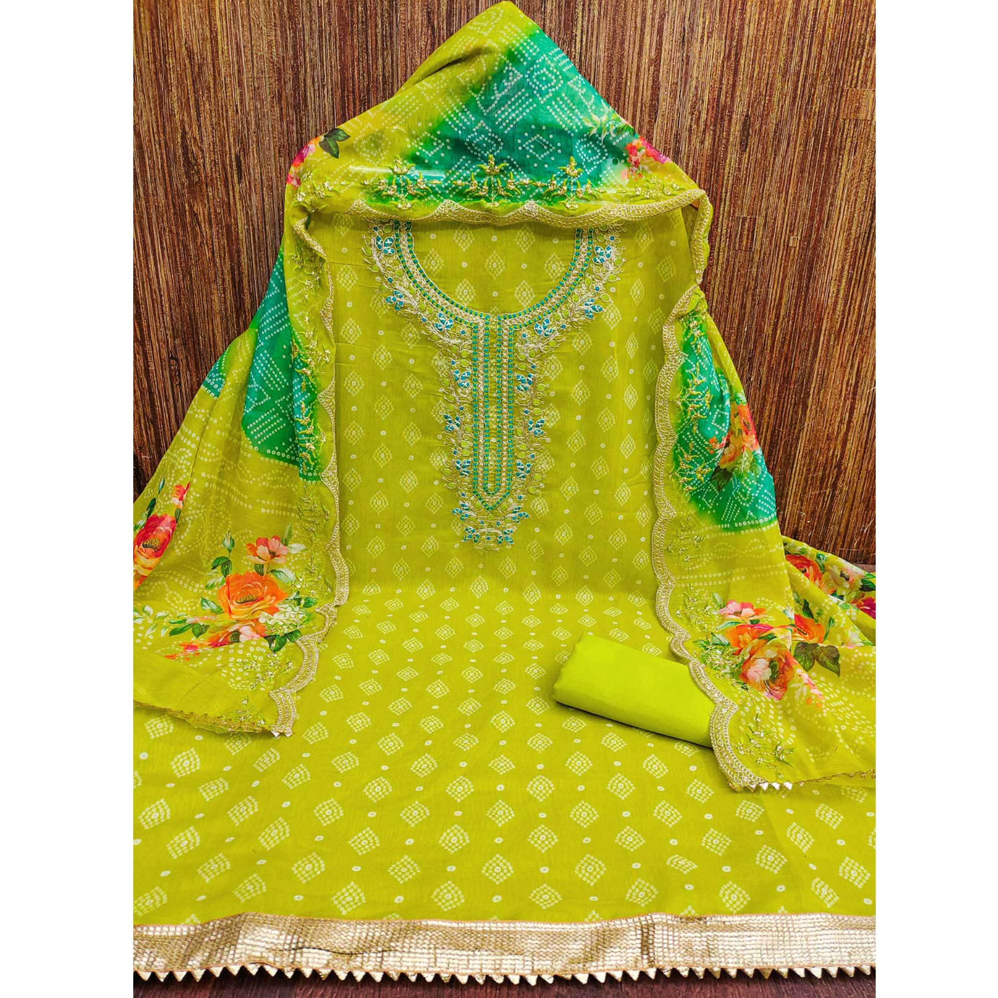 Green Bandhani Printed Chanderi Silk Dress Material With Sequin & Cording Embroidery