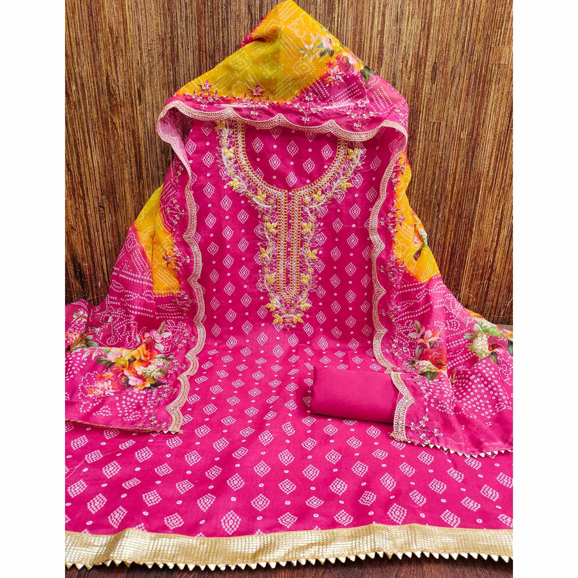 Rani Pink Bandhani Printed Chanderi Silk Dress Material With Sequin & Cording Embroidery