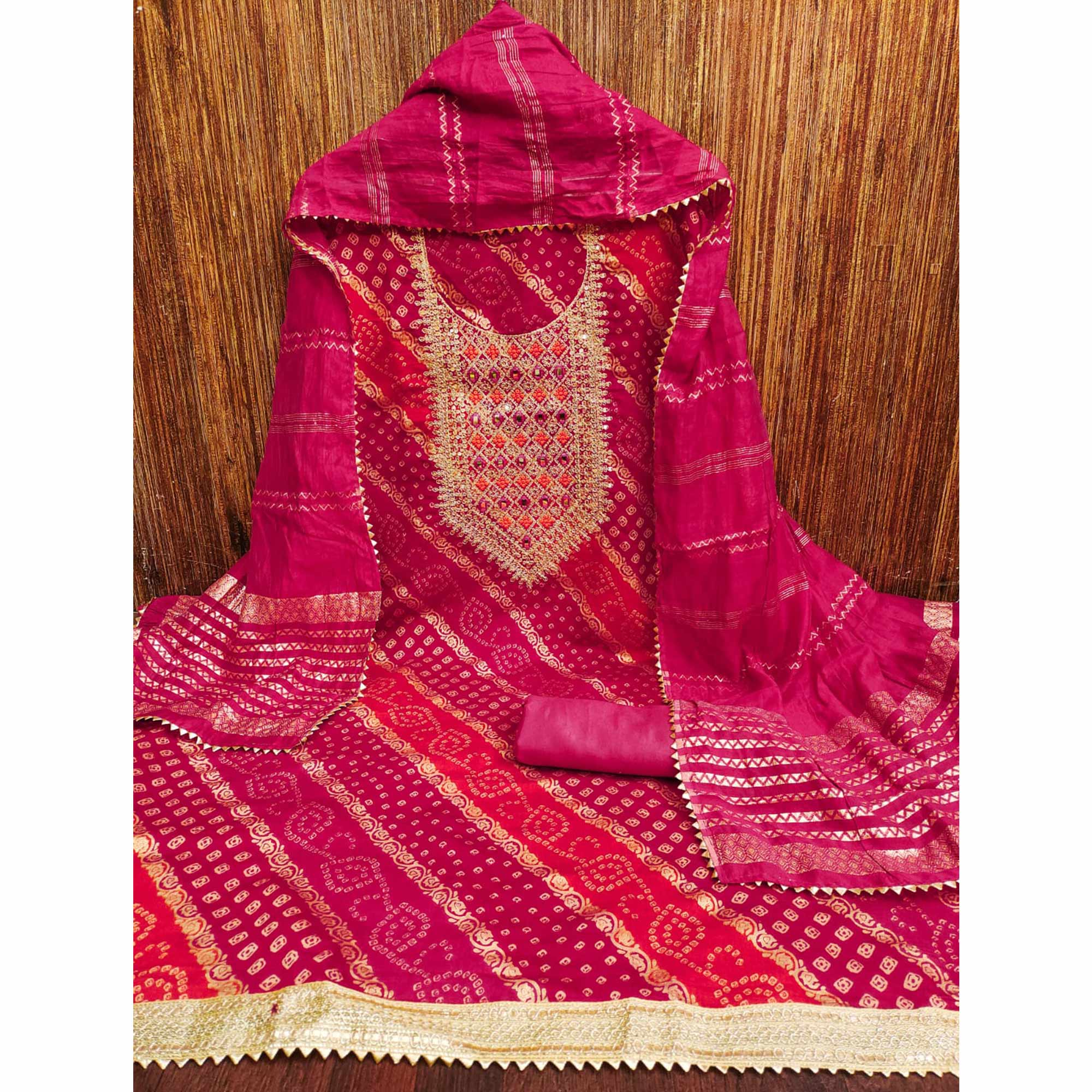 Rani Pink Bandhani Print On Roman Chanderi Silk With Cording & Sequins Work Dress Material