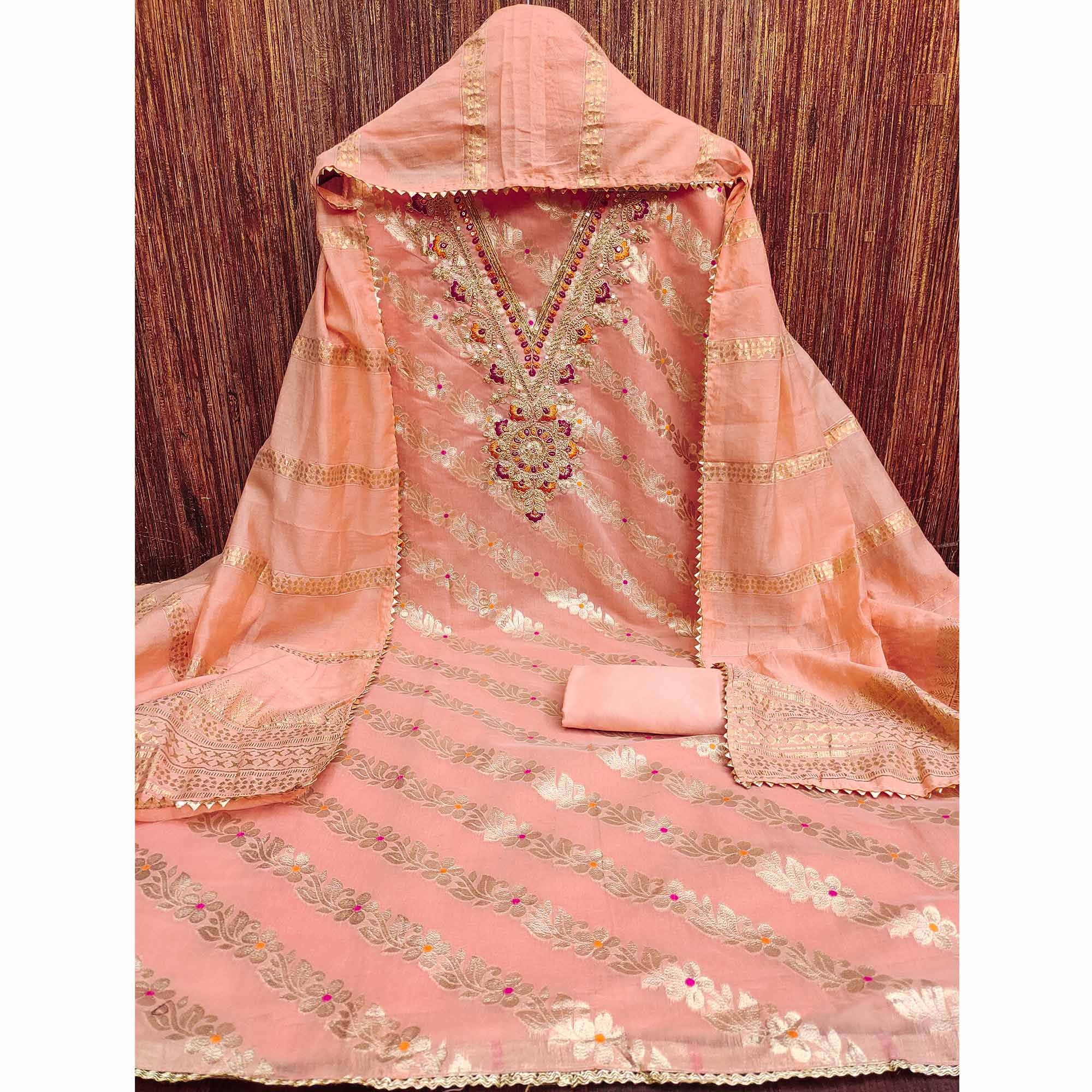 Peach Jacquard Dress Material with Shimmering Zari Weave in Traditional Banarasi Style