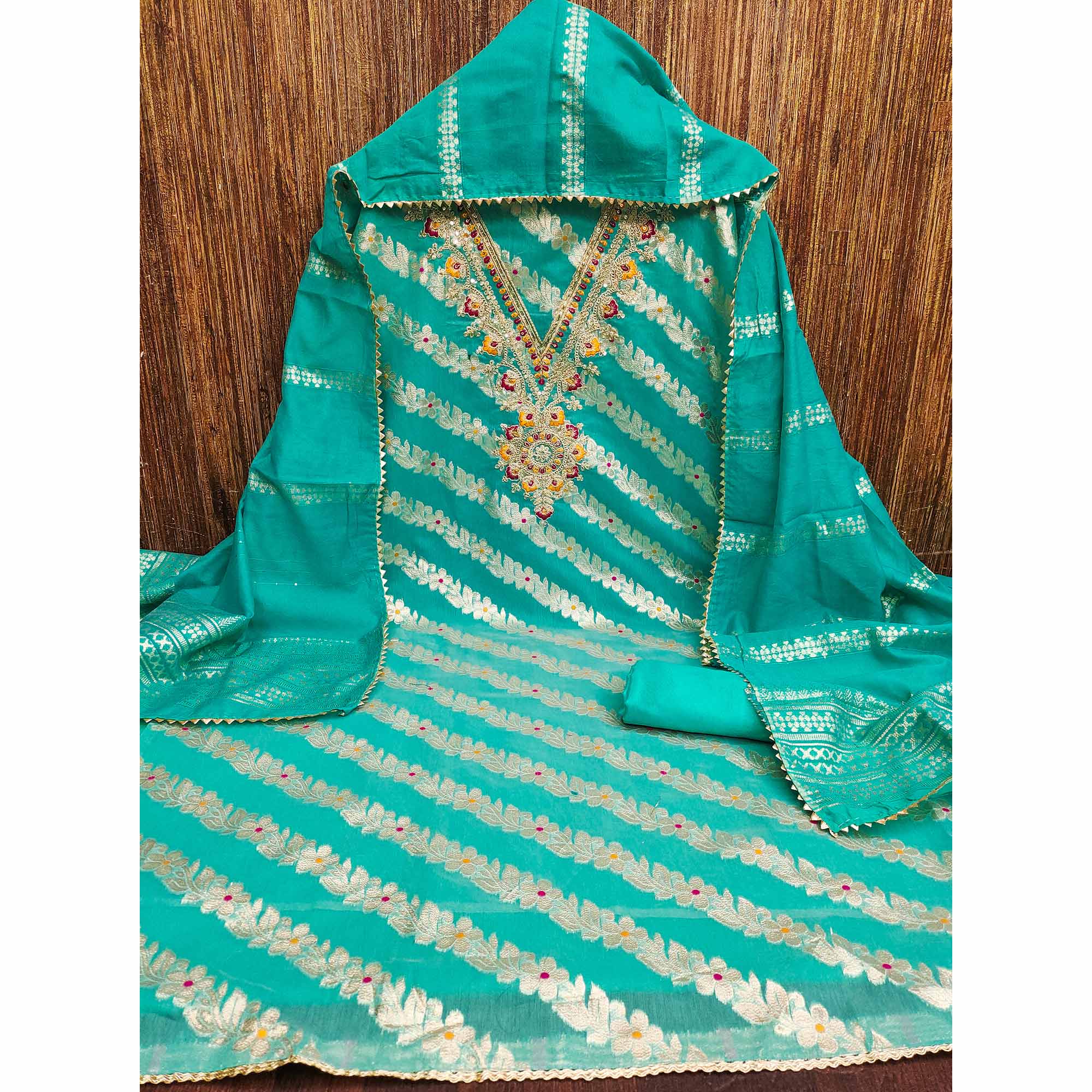 Turquoise Jacquard Dress Material with Shimmering Zari Weave in Traditional Banarasi Style