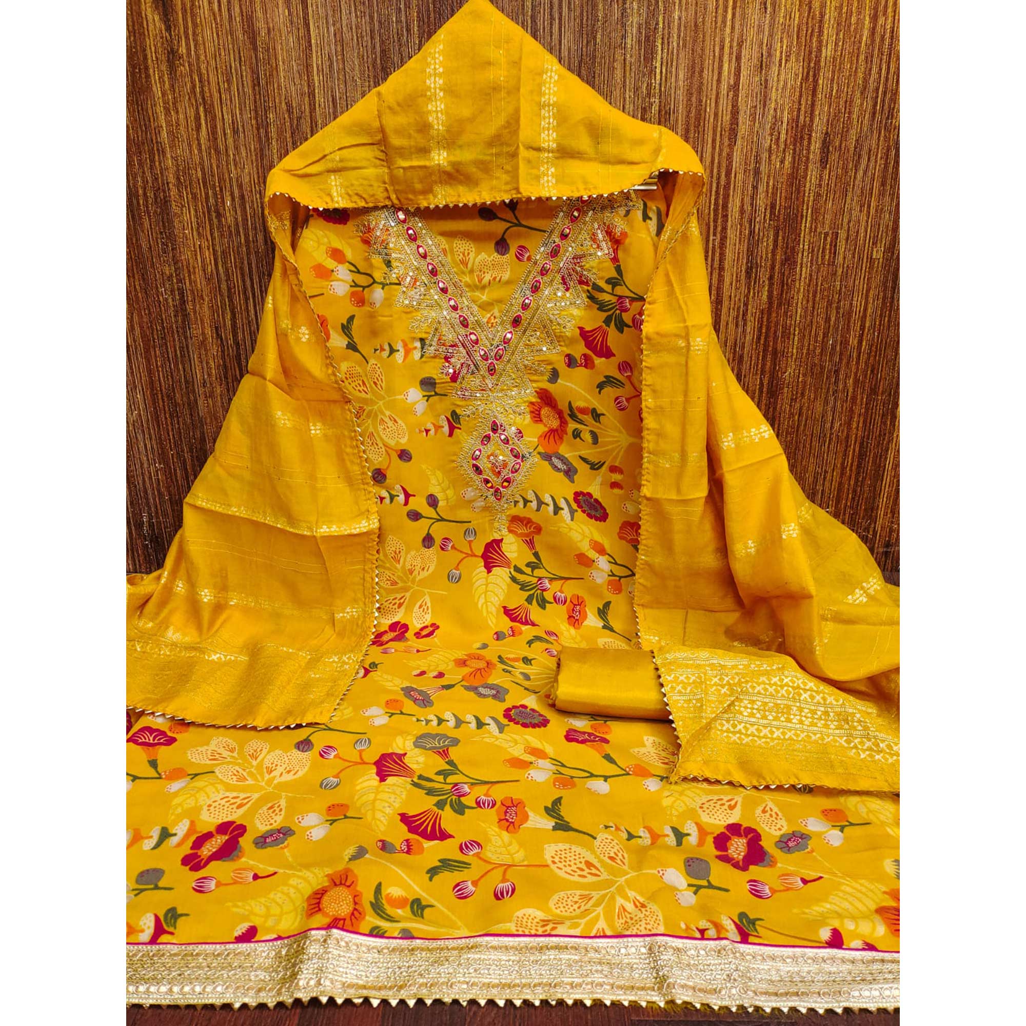 Yellow Dress Fabric in Chanderi Silk Blended with Floral Patterns and Delicate Thread Work
